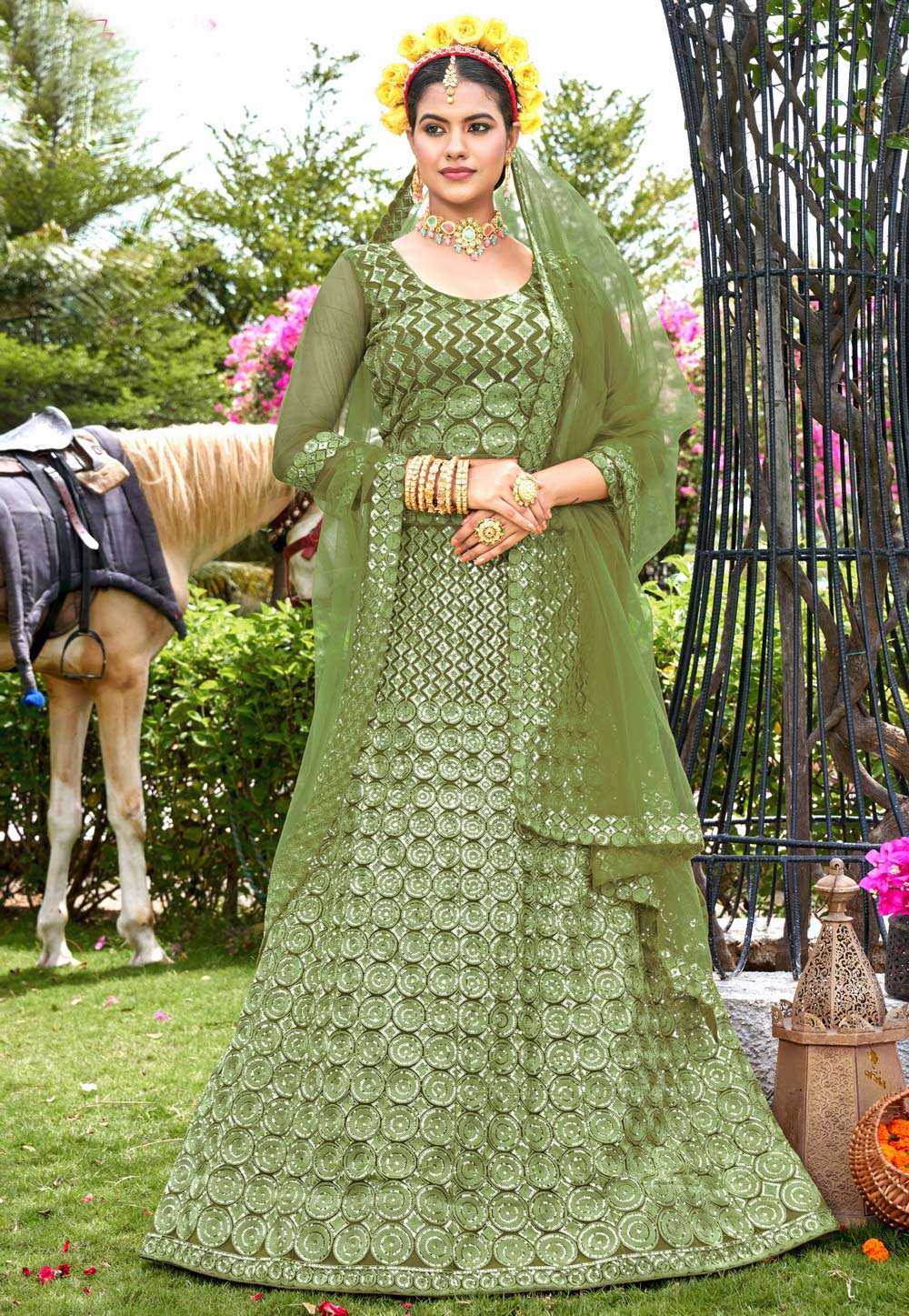 Mehndi Net A Line Lehenga Choli 268966