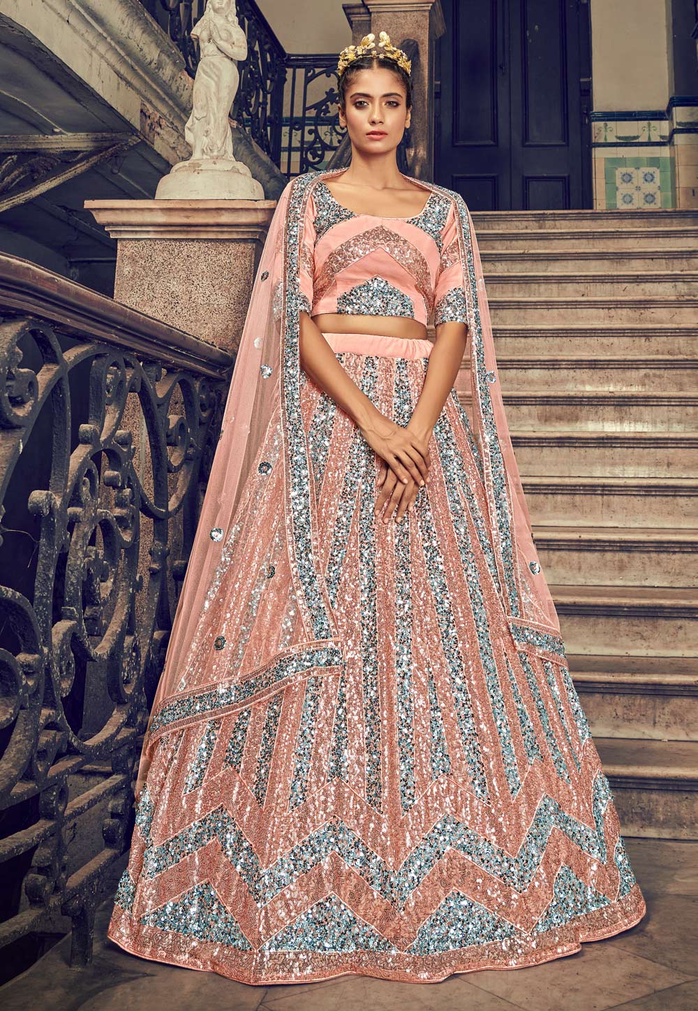 Peach Net Sequins Work Lehenga Choli 228683