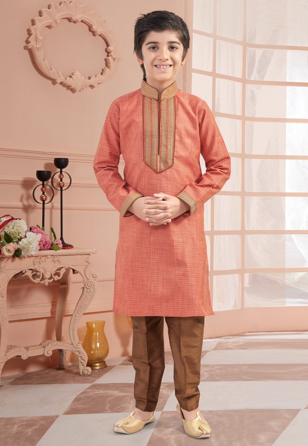 Peach Silk Readymade Kids Kurta Pajama 200831