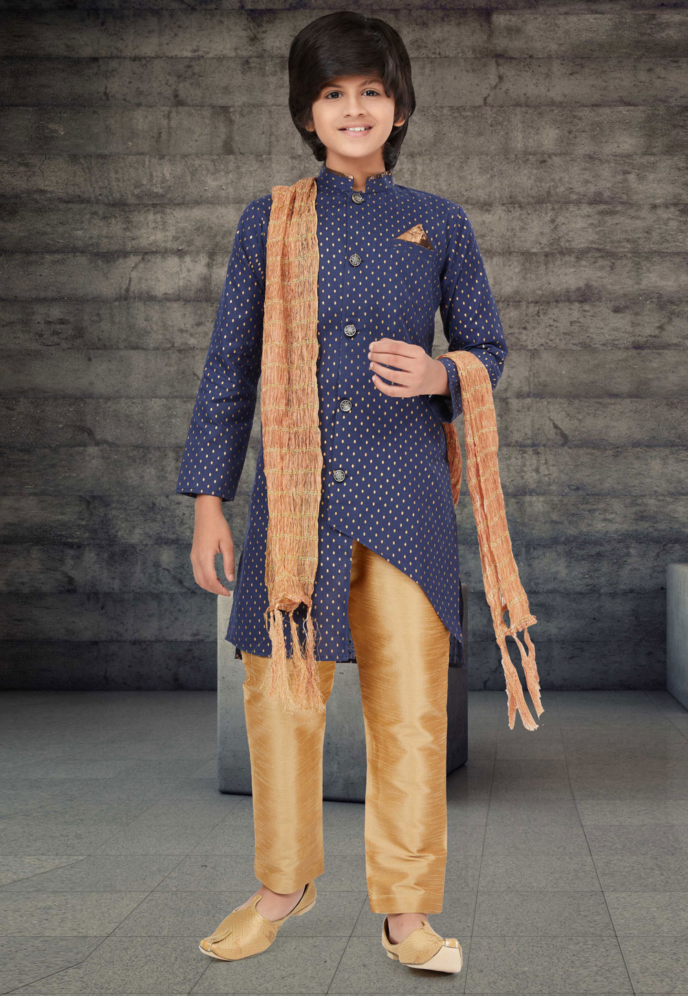 Navy Blue Cotton Readymade Kids Indo Western Sherwani 264012