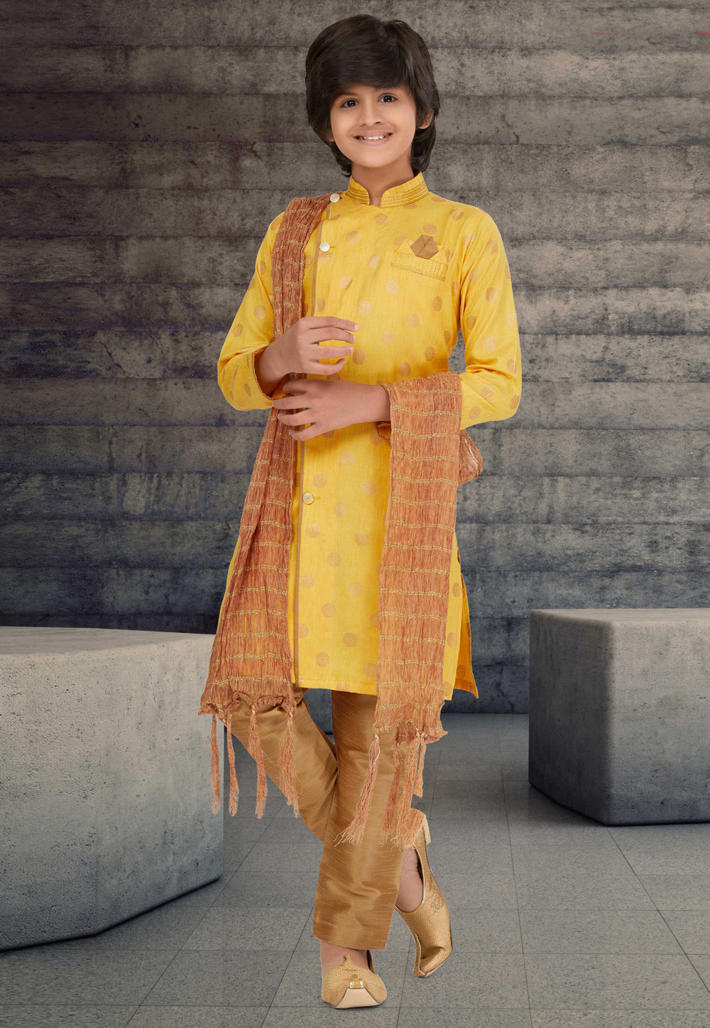 Yellow Cotton Readymade Kids Indo Western Sherwani 264013