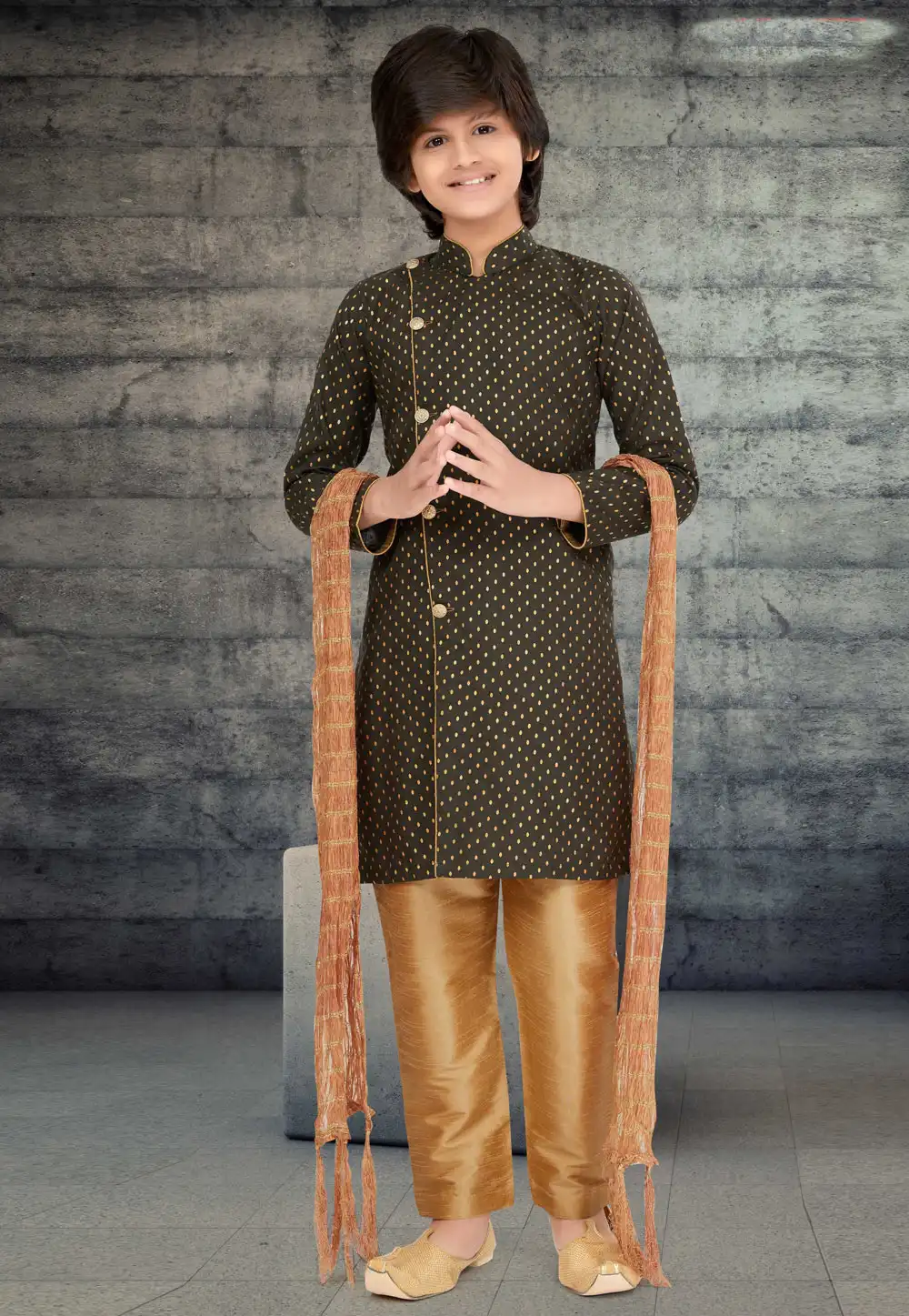 Brown Cotton Readymade Kids Indo Western Sherwani 264014