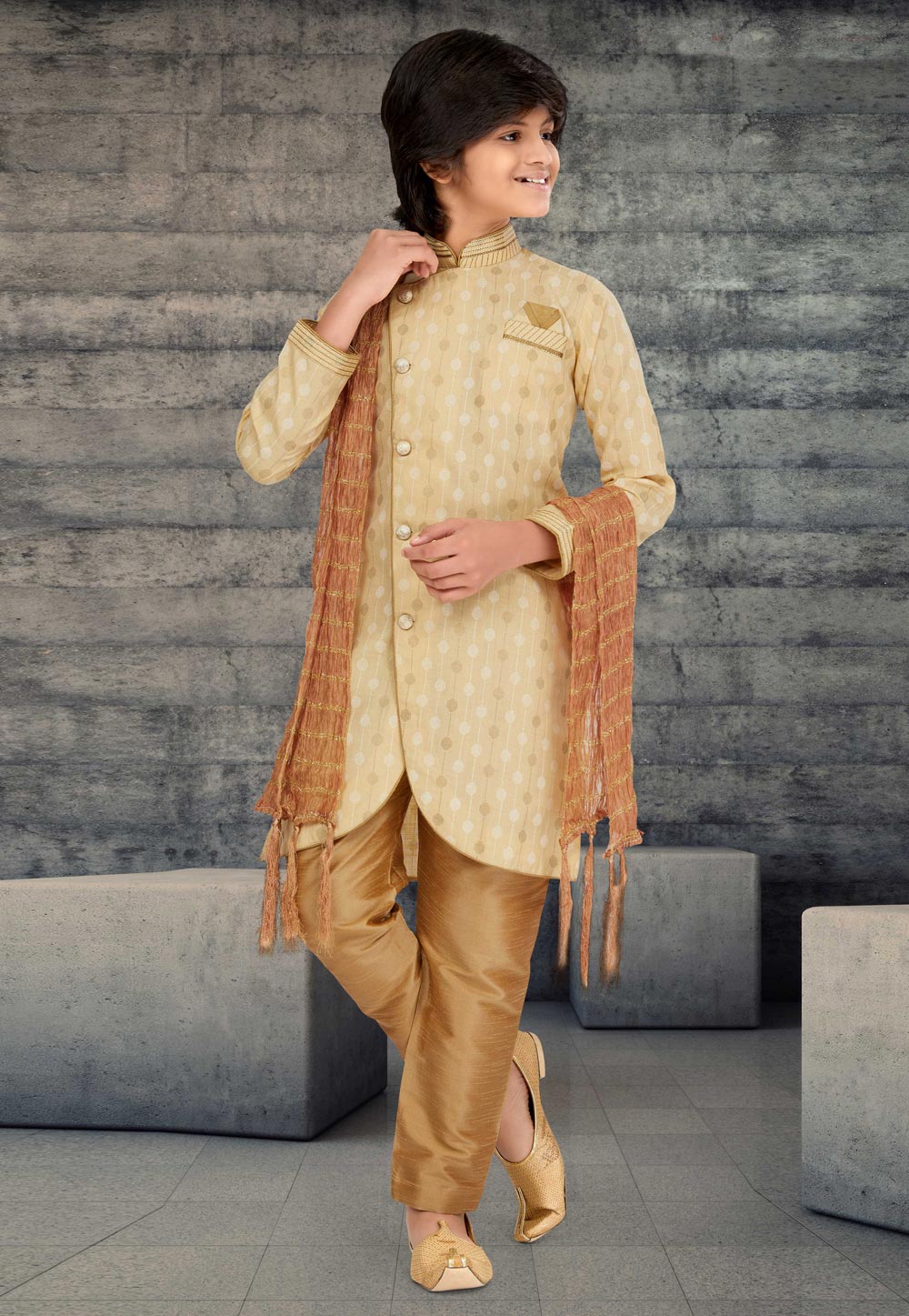 Beige Cotton Readymade Kids Indo Western Sherwani 264015
