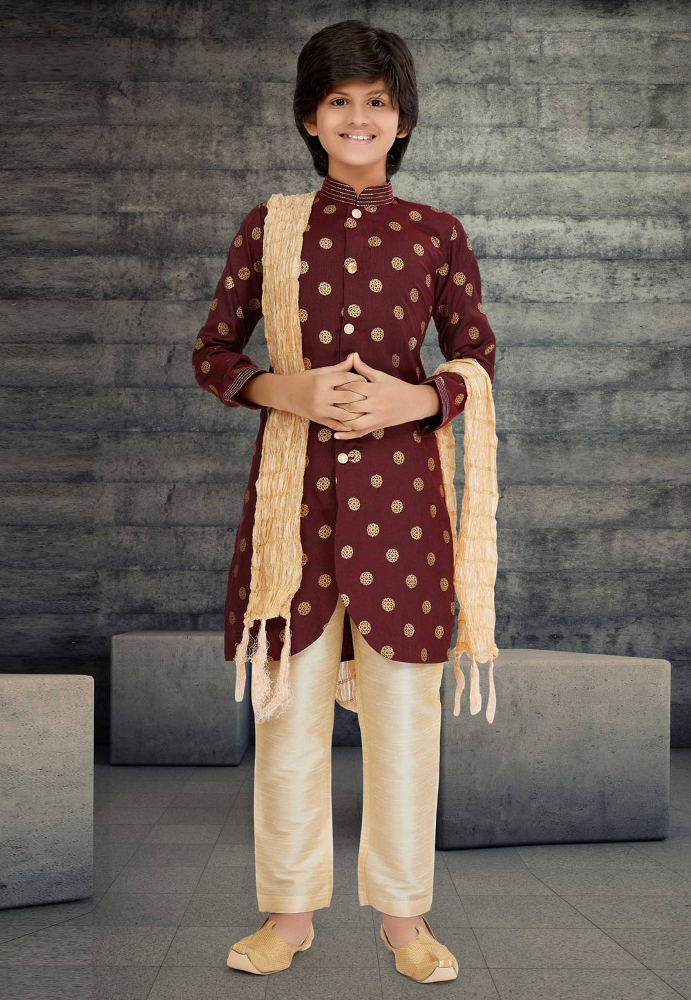 Maroon Cotton Readymade Kids Indo Western Sherwani 264018