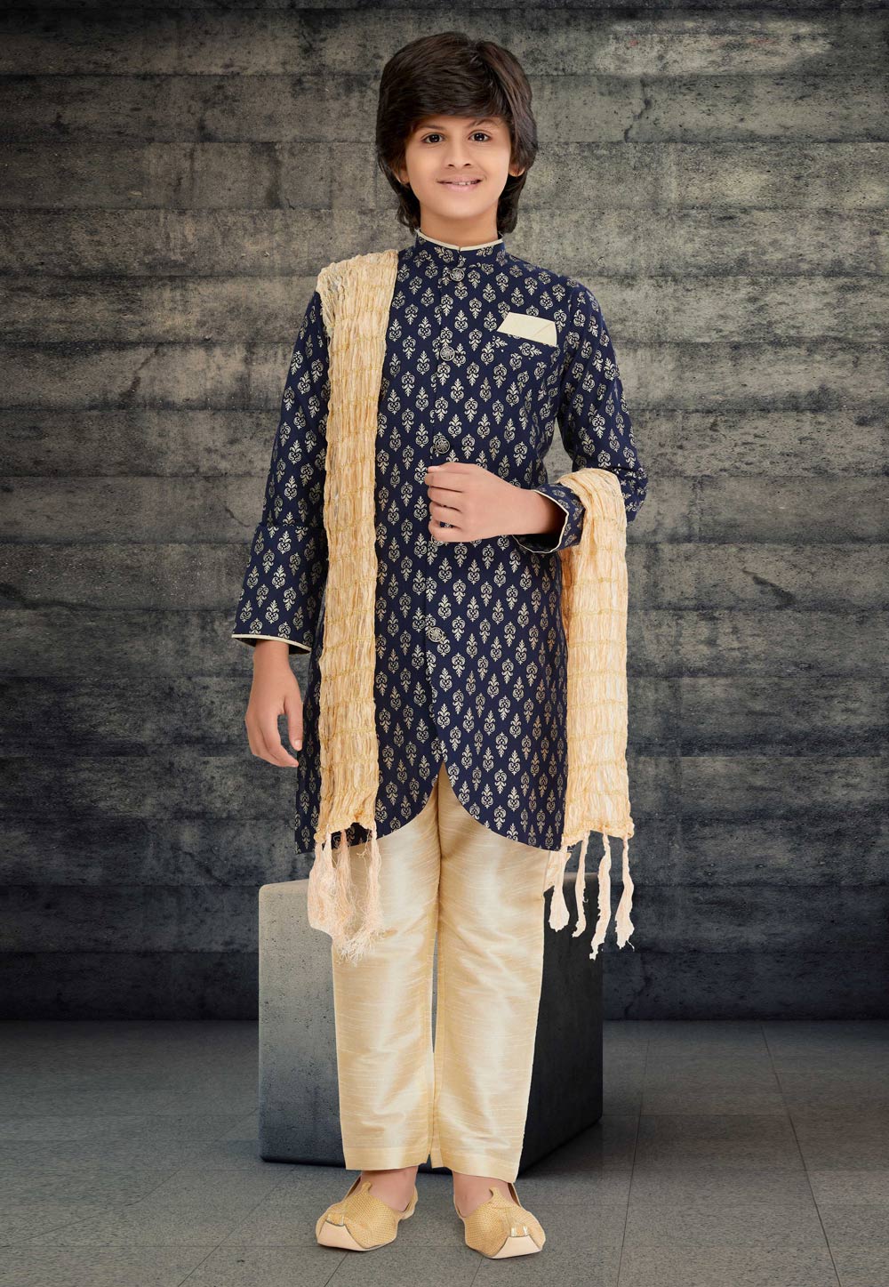 Navy Blue Cotton Readymade Kids Indo Western Sherwani 264020