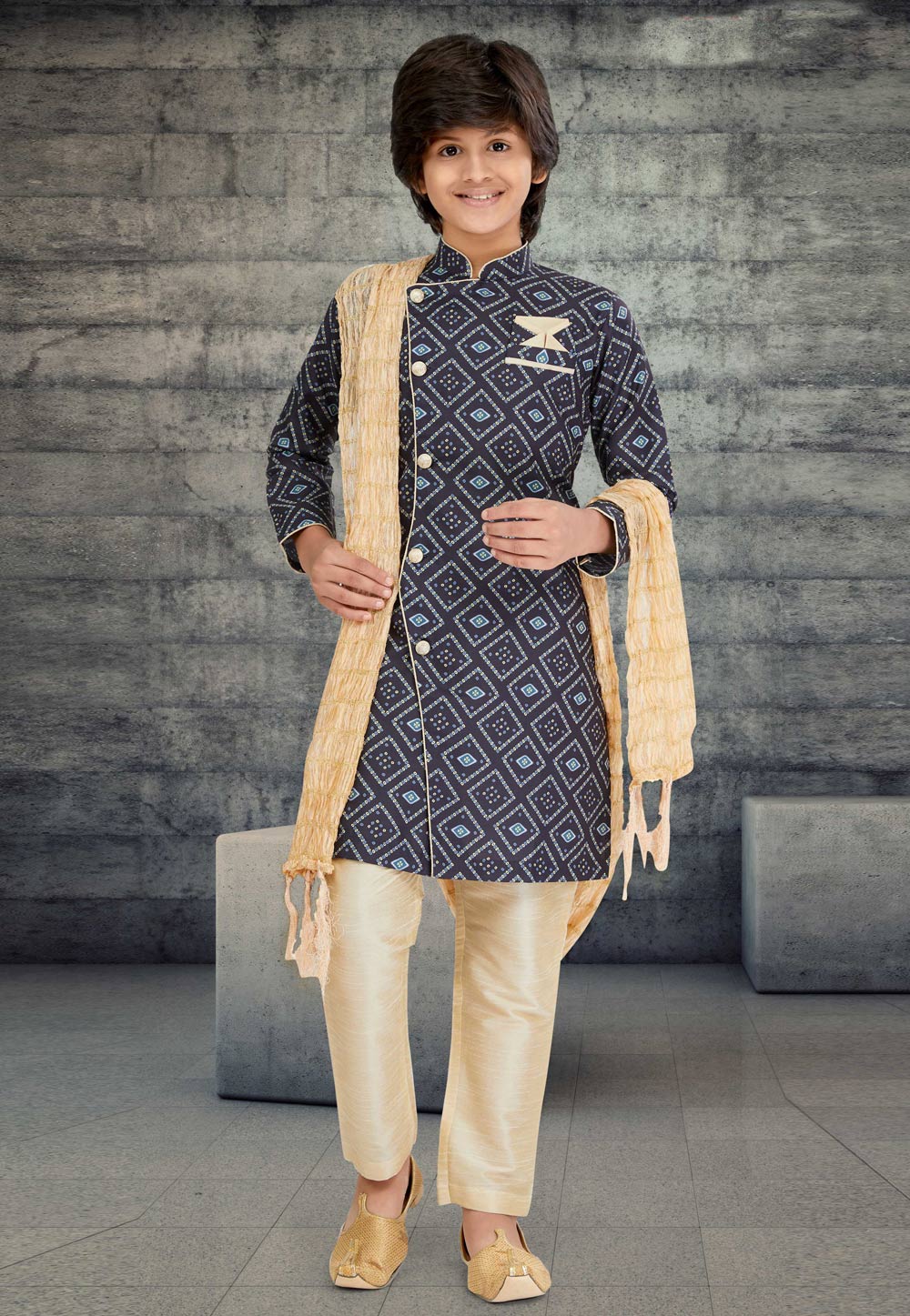 Navy Blue Cotton Readymade Kids Indo Western Sherwani 264021