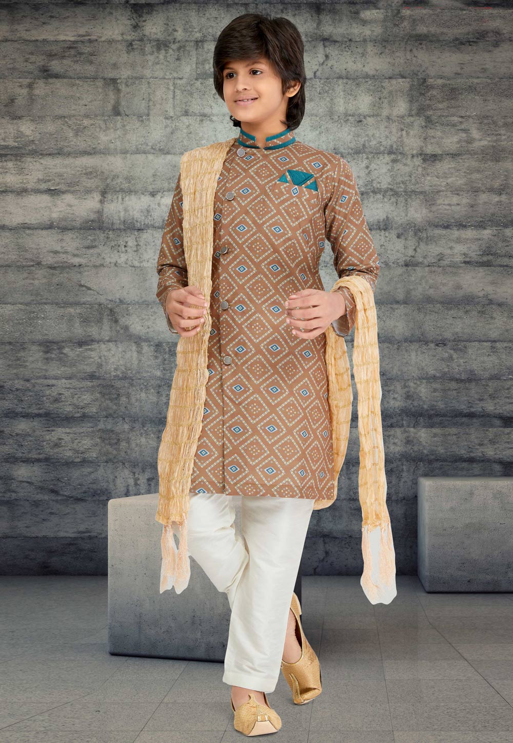 Brown Cotton Readymade Kids Indo Western Sherwani 264022