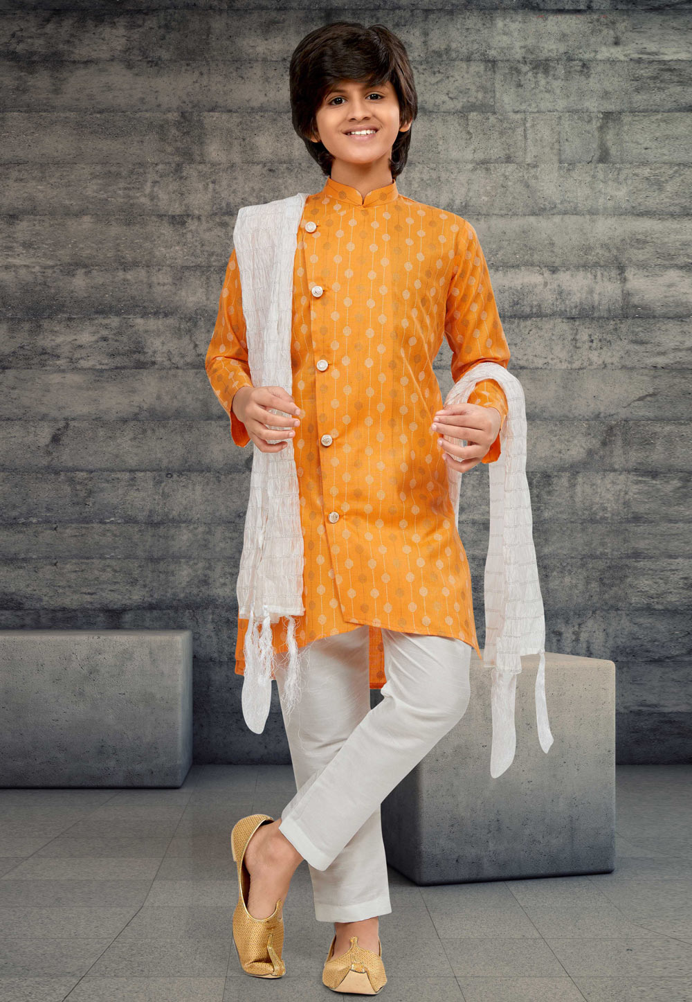 Orange Cotton Readymade Kids Indo Western Sherwani 264023