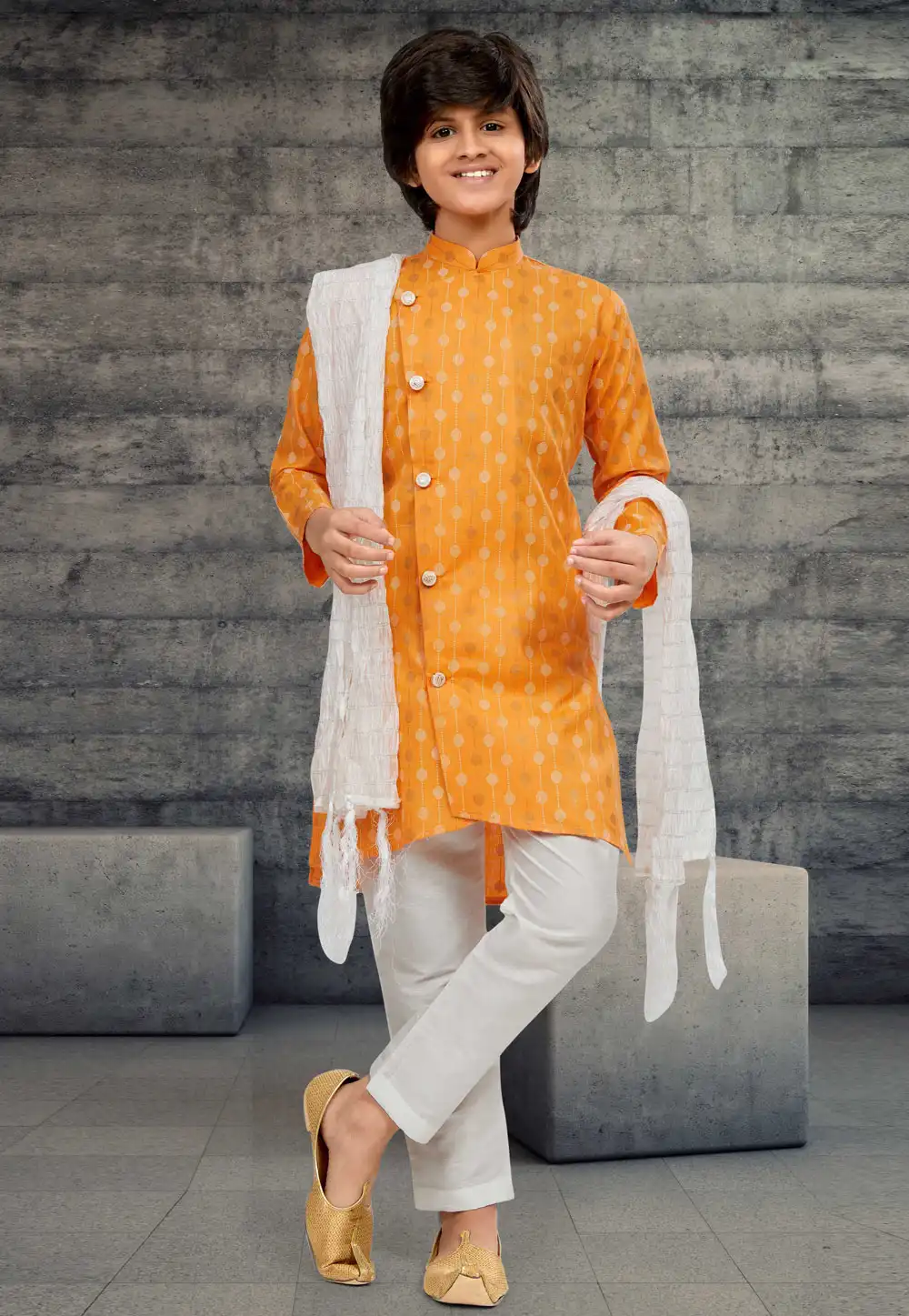 Orange Cotton Readymade Kids Indo Western Sherwani 264023