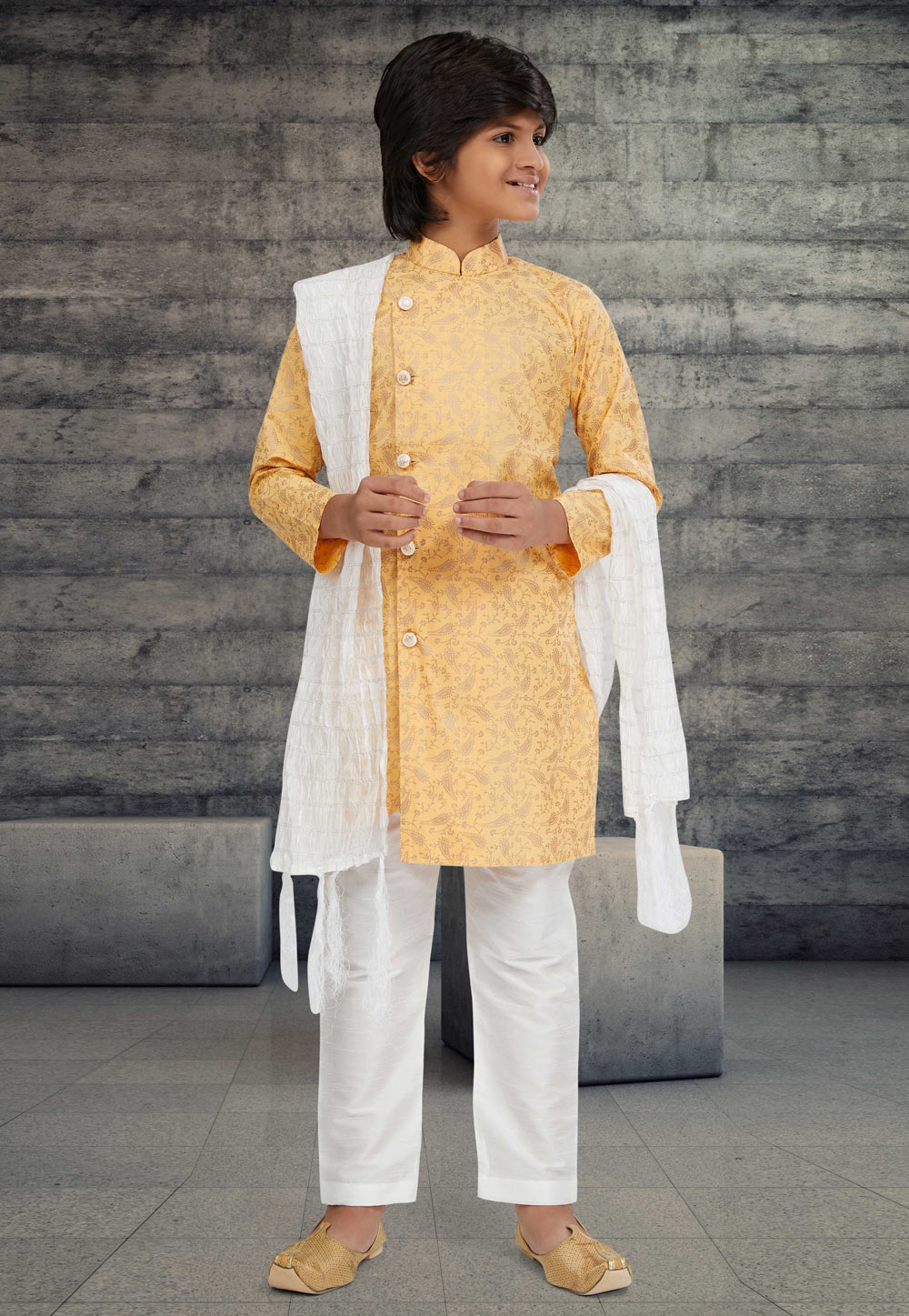Light Yellow Cotton Readymade Kids Indo Western Sherwani 264024