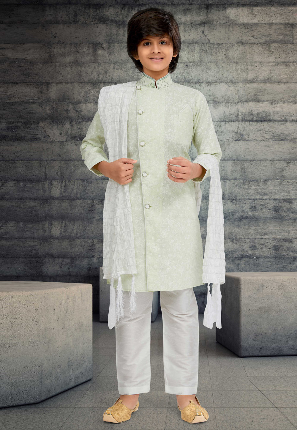 Pista Green Cotton Readymade Kids Indo Western Sherwani 264025