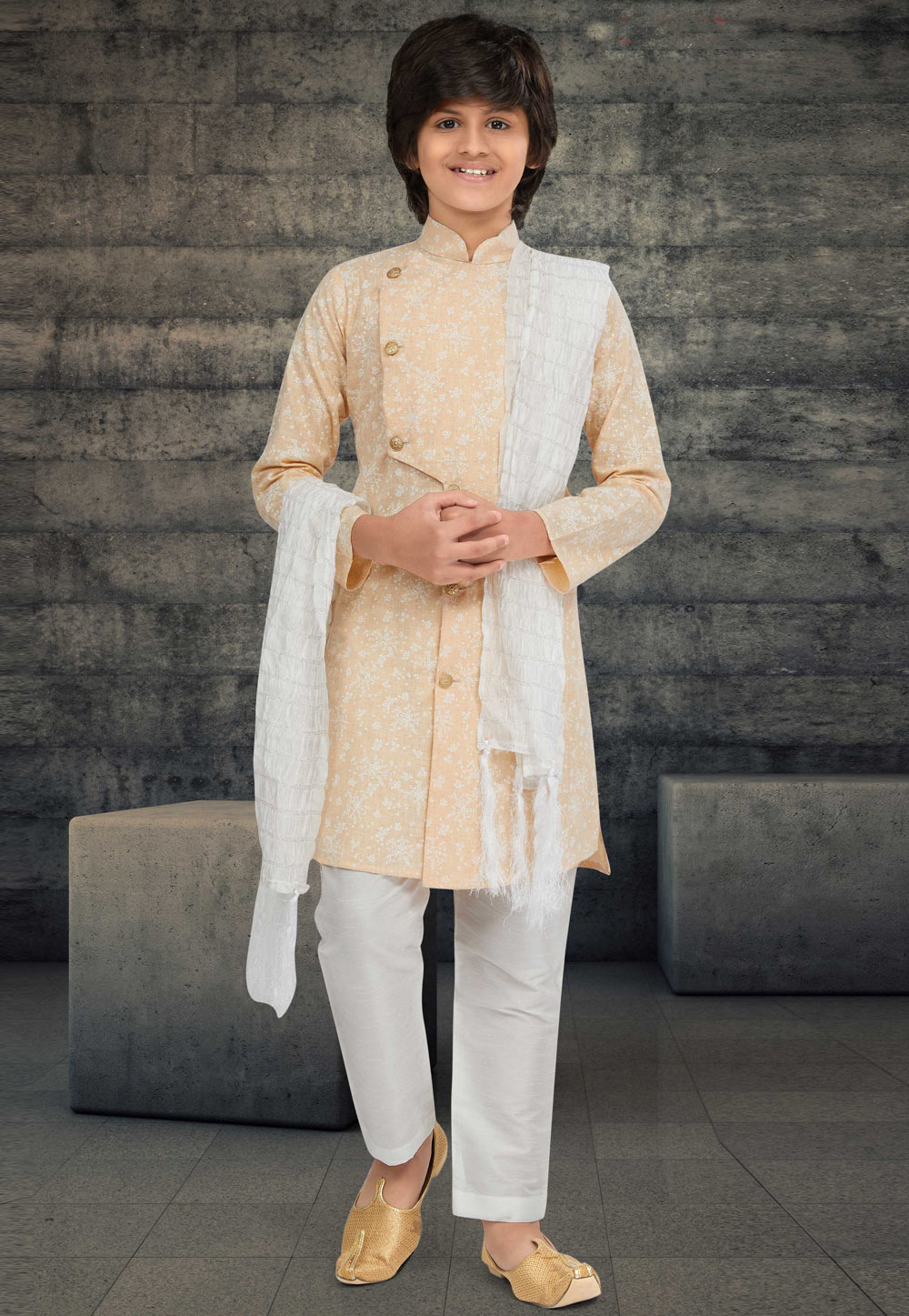 Peach Cotton Readymade Kids Indo Western Sherwani 264026