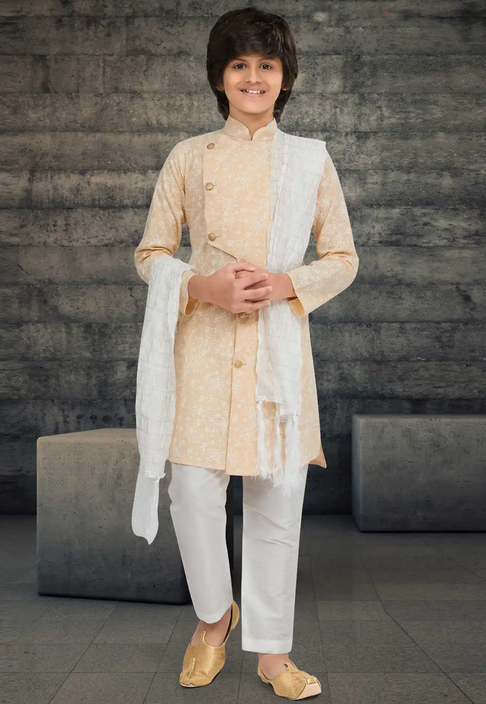 Peach Cotton Readymade Kids Indo Western Sherwani 264026