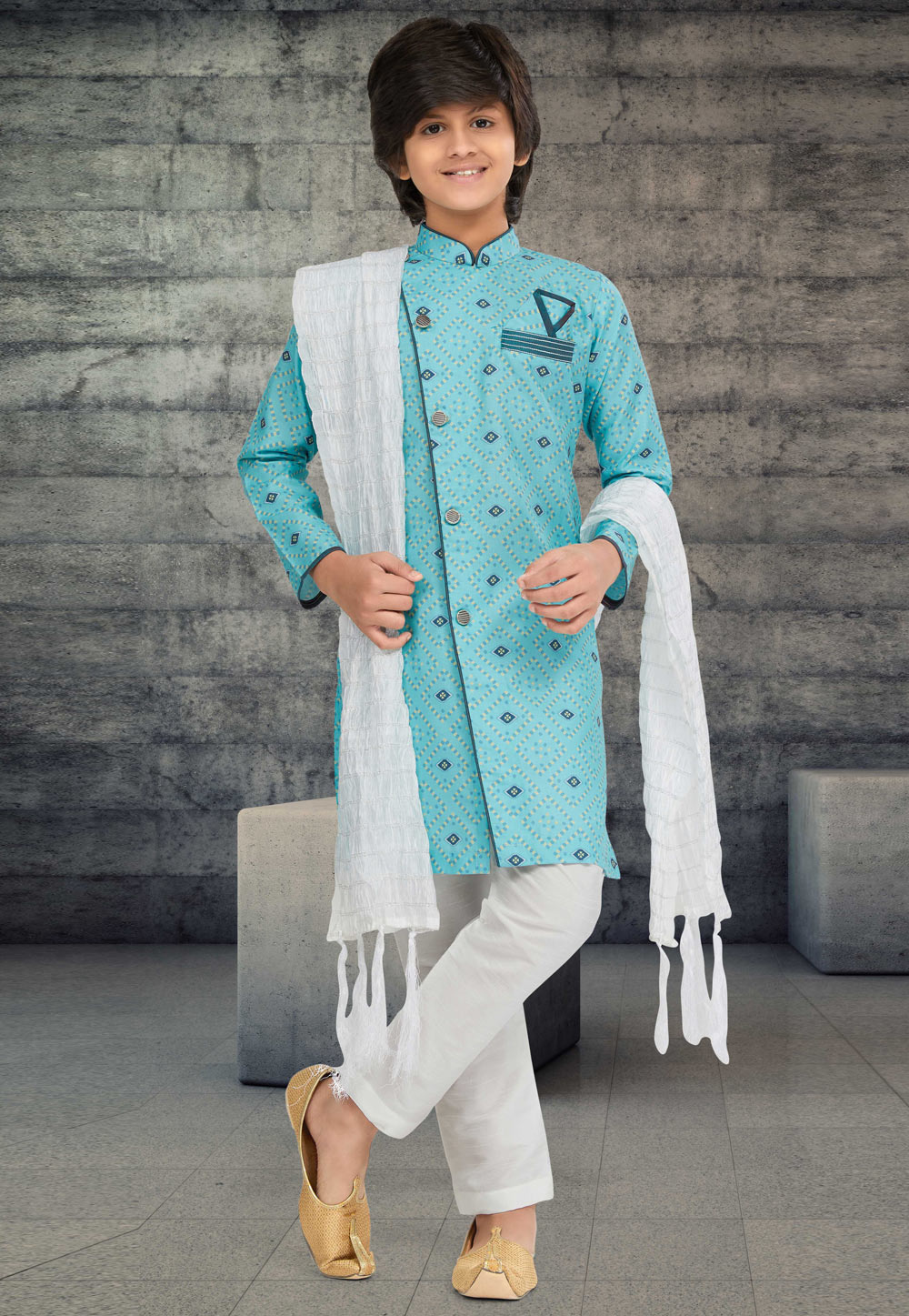 Turquoise Cotton Readymade Kids Indo Western Sherwani 264027