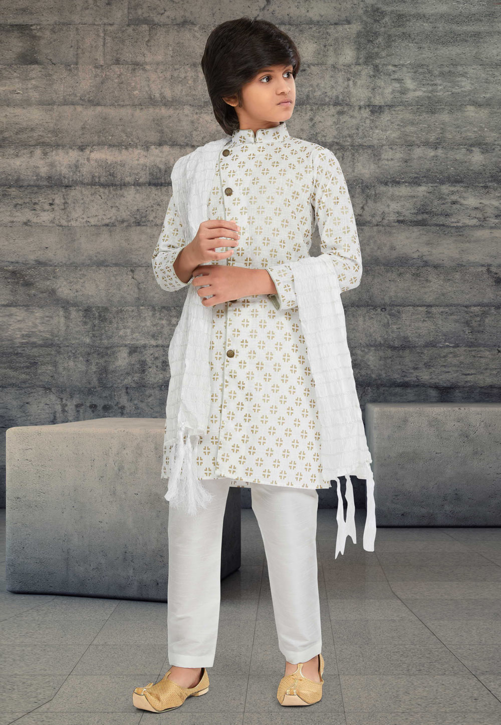 White Cotton Readymade Kids Indo Western Sherwani 264028