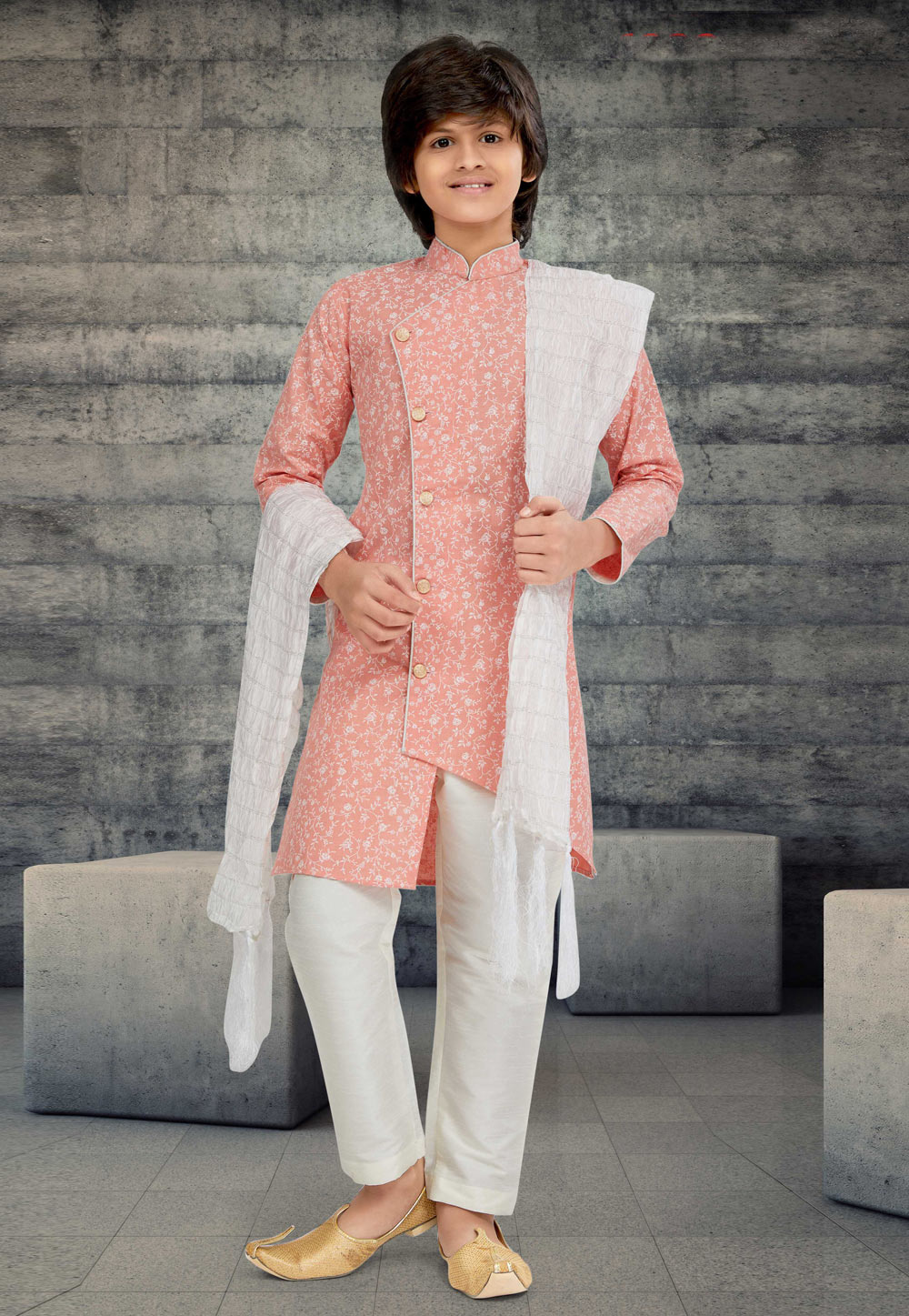 Peach Cotton Readymade Kids Indo Western Sherwani 264029