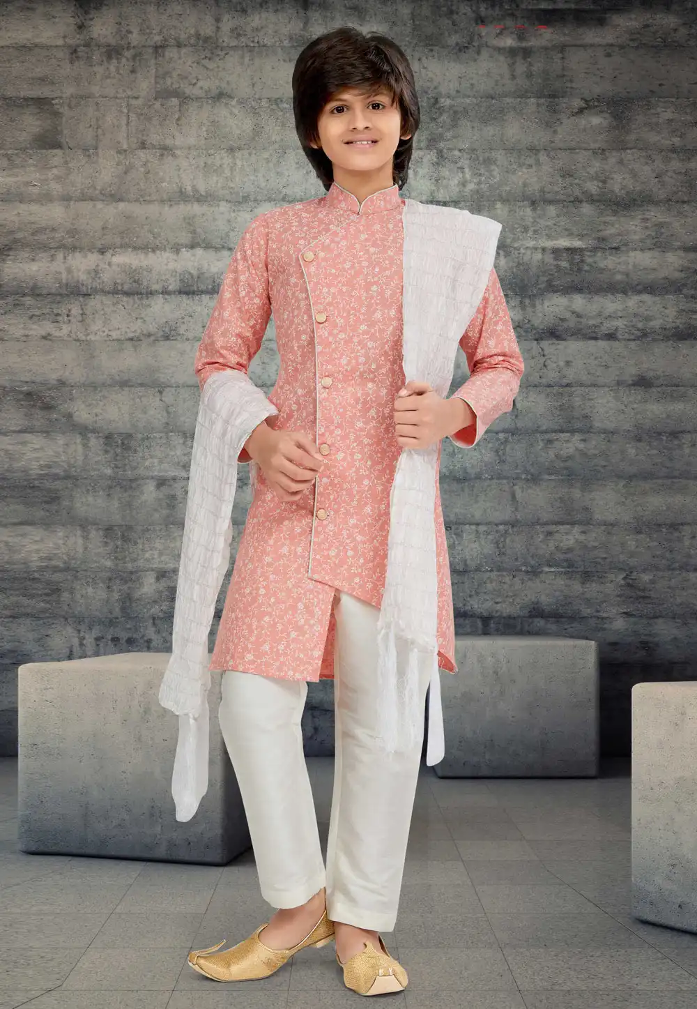 Peach Cotton Readymade Kids Indo Western Sherwani 264029