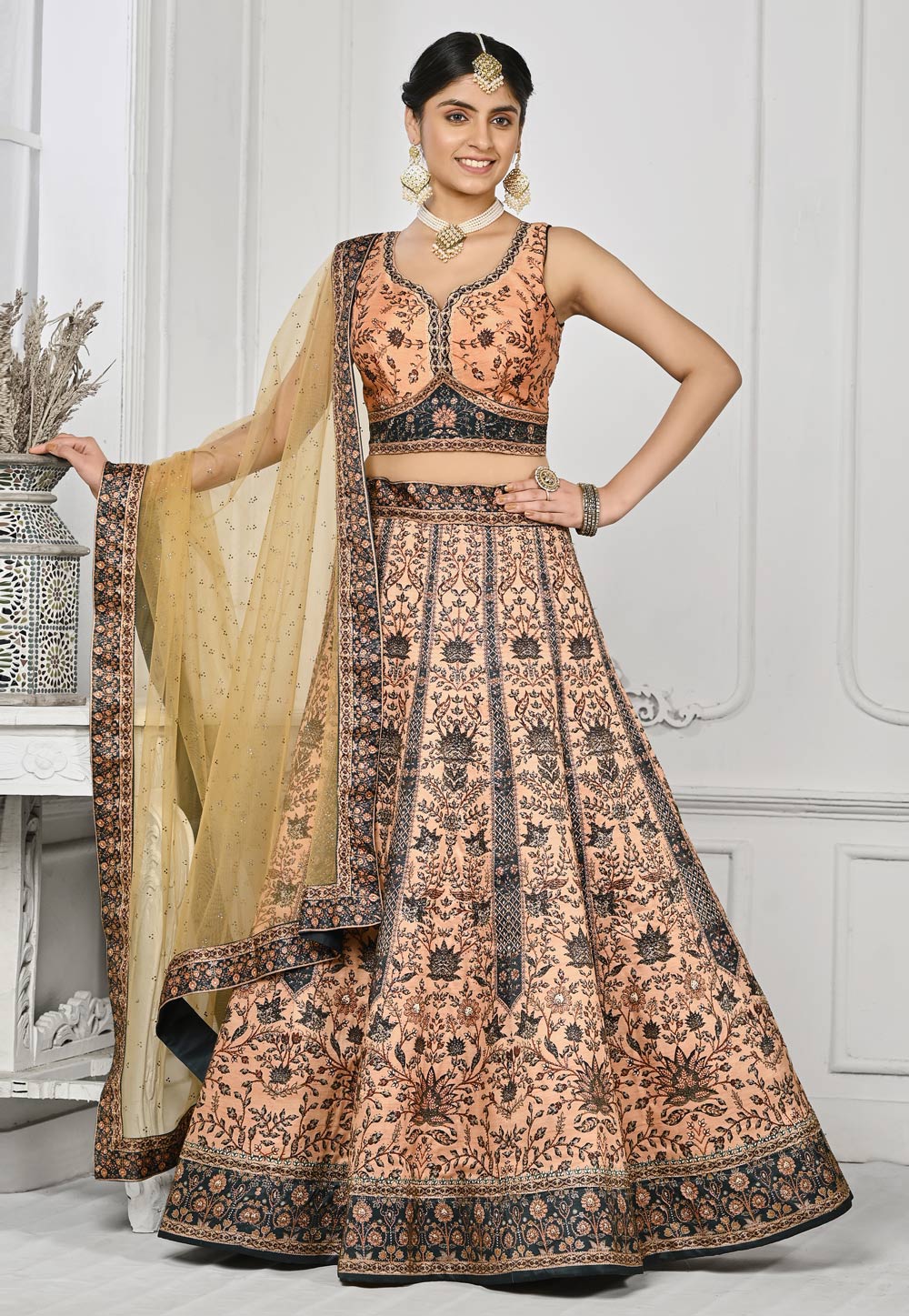 Peach Satin Silk A Line Lehenga Choli 274954