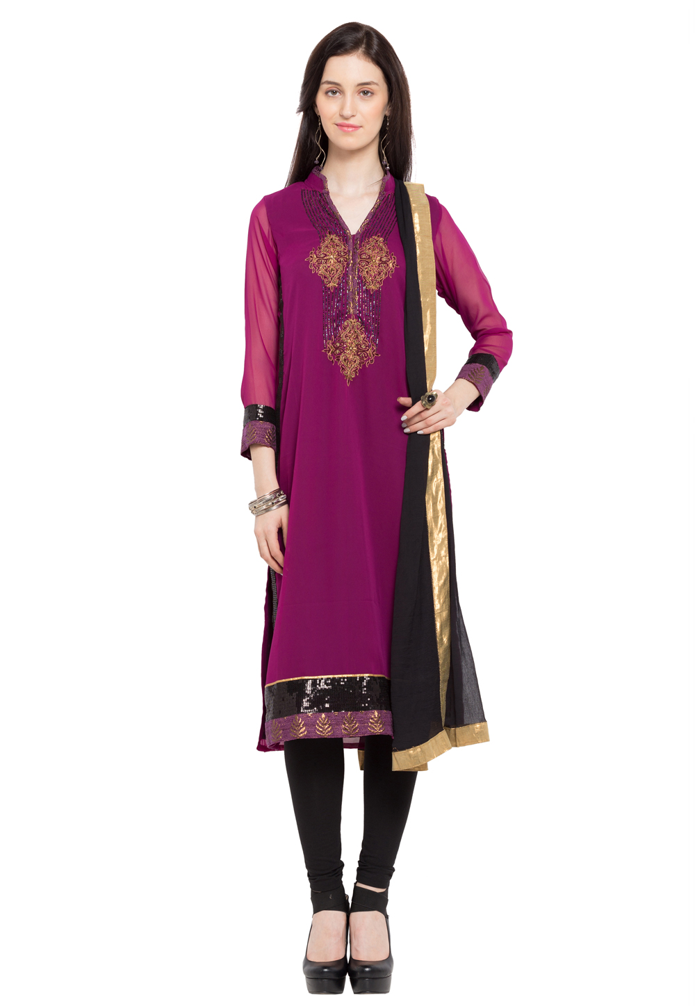 Purple Faux Georgette Readymade Churidar Suit 230374