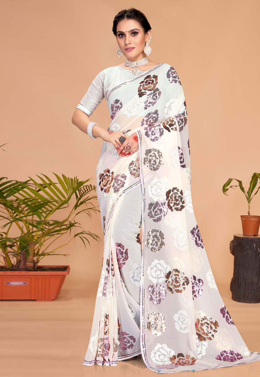 White Georgette Sequence Saree 256493