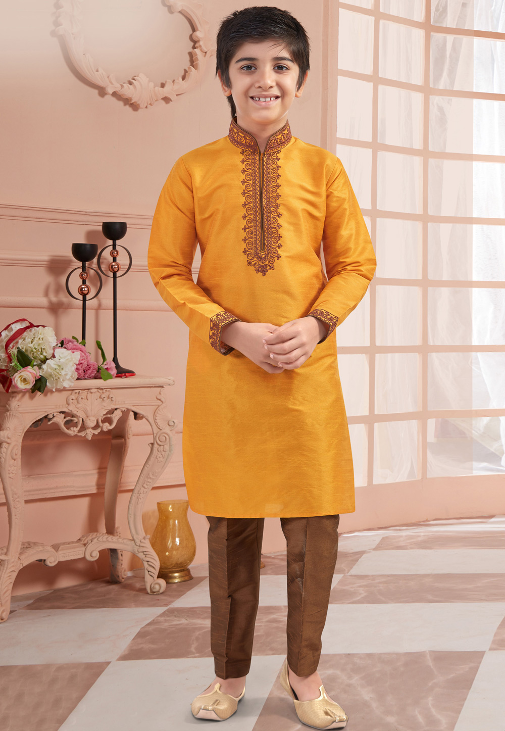 Yellow Art Silk Readymade Kids Kurta Pajama 200832