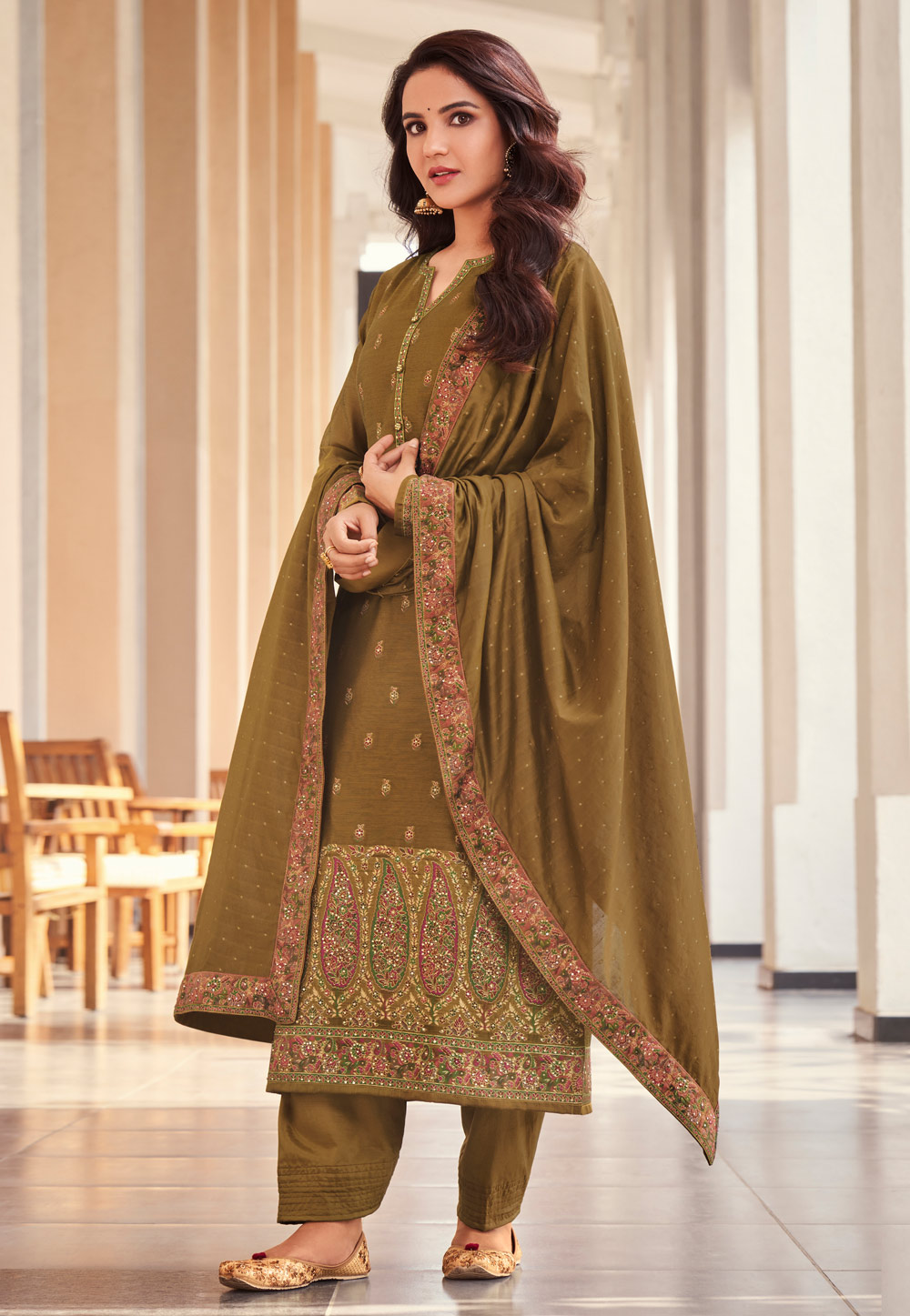 Mahendi Green Pant style Straight Silk Jacquard main image 1