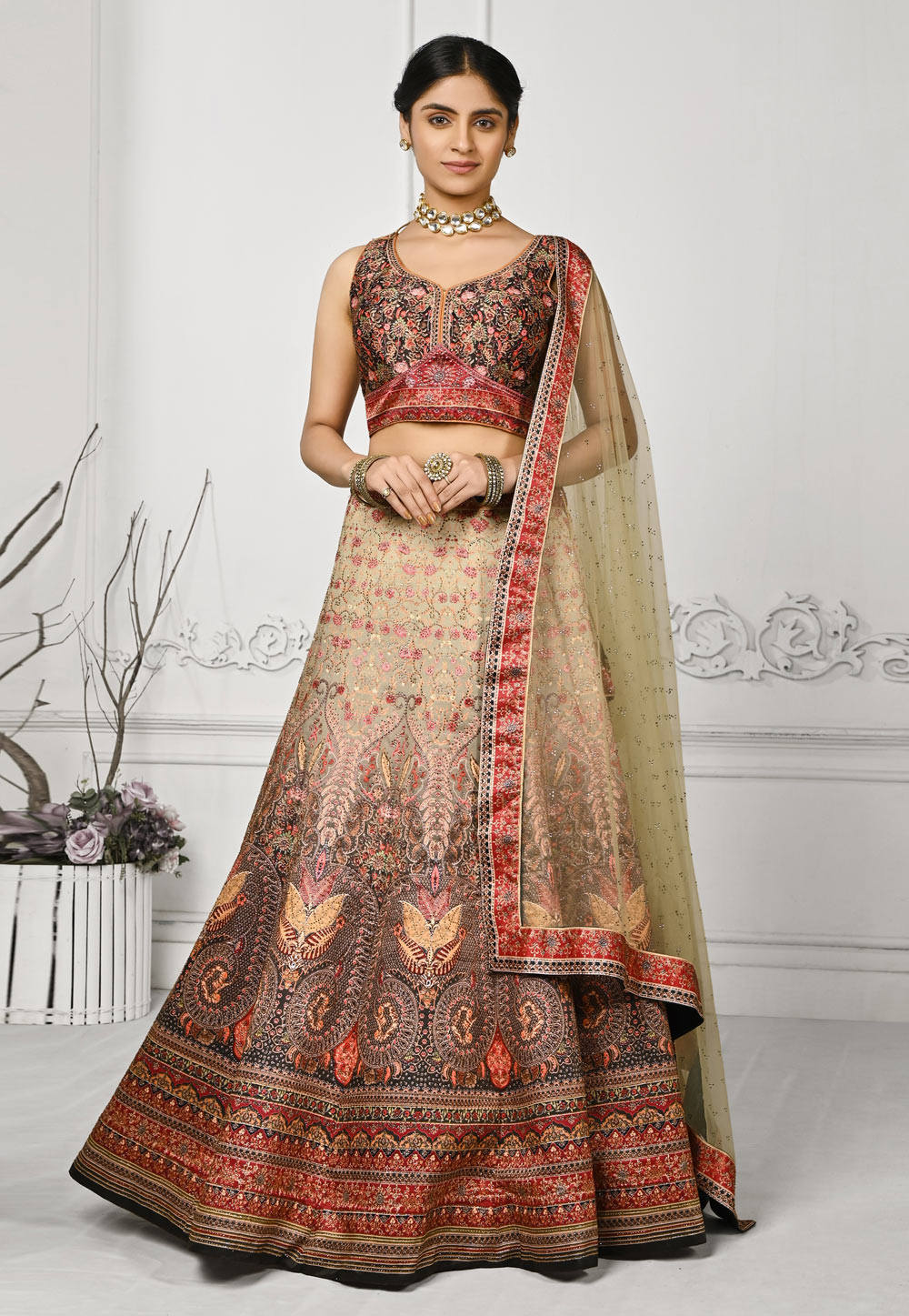 Beige Satin Silk Lehenga Choli For Women 274955