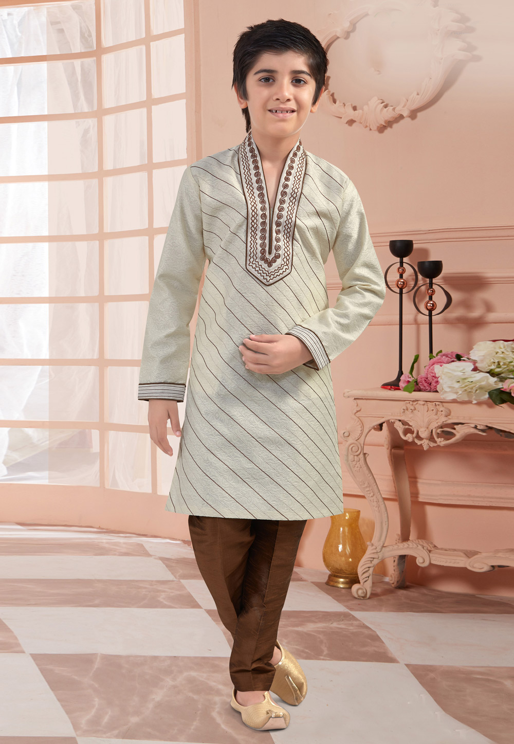 Grey Jacquard Readymade Kids Kurta Pajama 200833