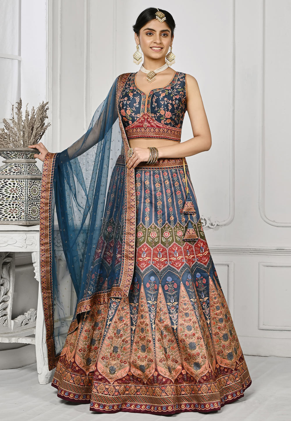 Teal Satin Silk Lehenga Choli 274956