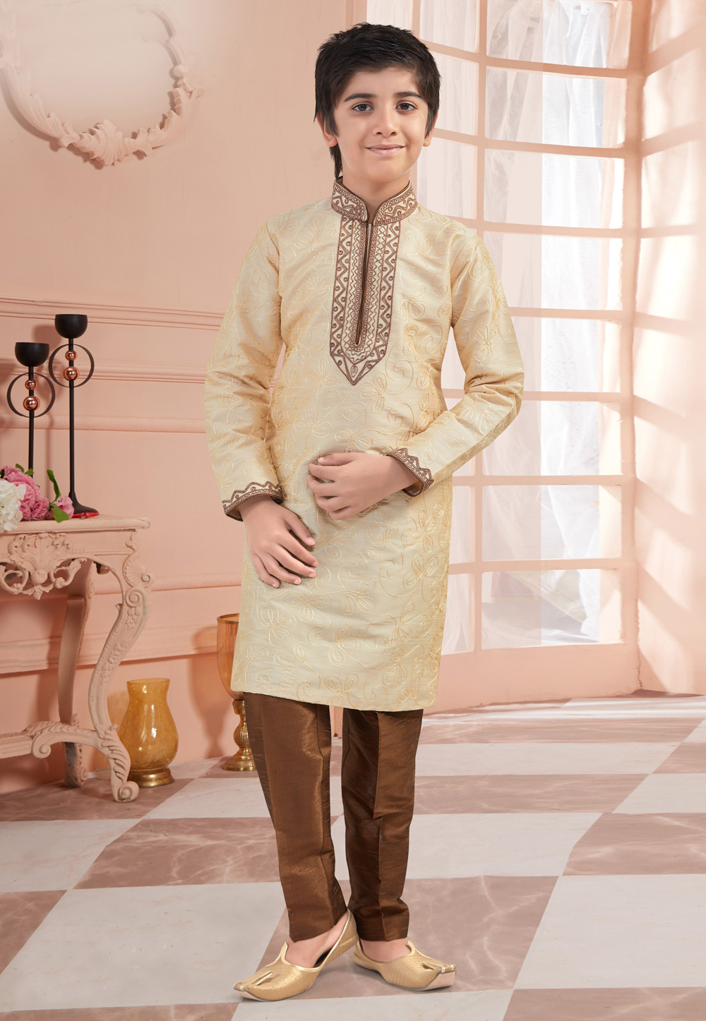 Beige Art Silk Readymade Kids Kurta Pajama 200834