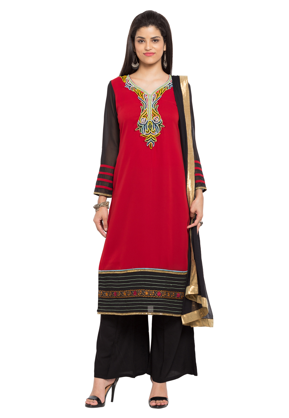 Red Faux Georgette Readymade Palazzo Suit 230375