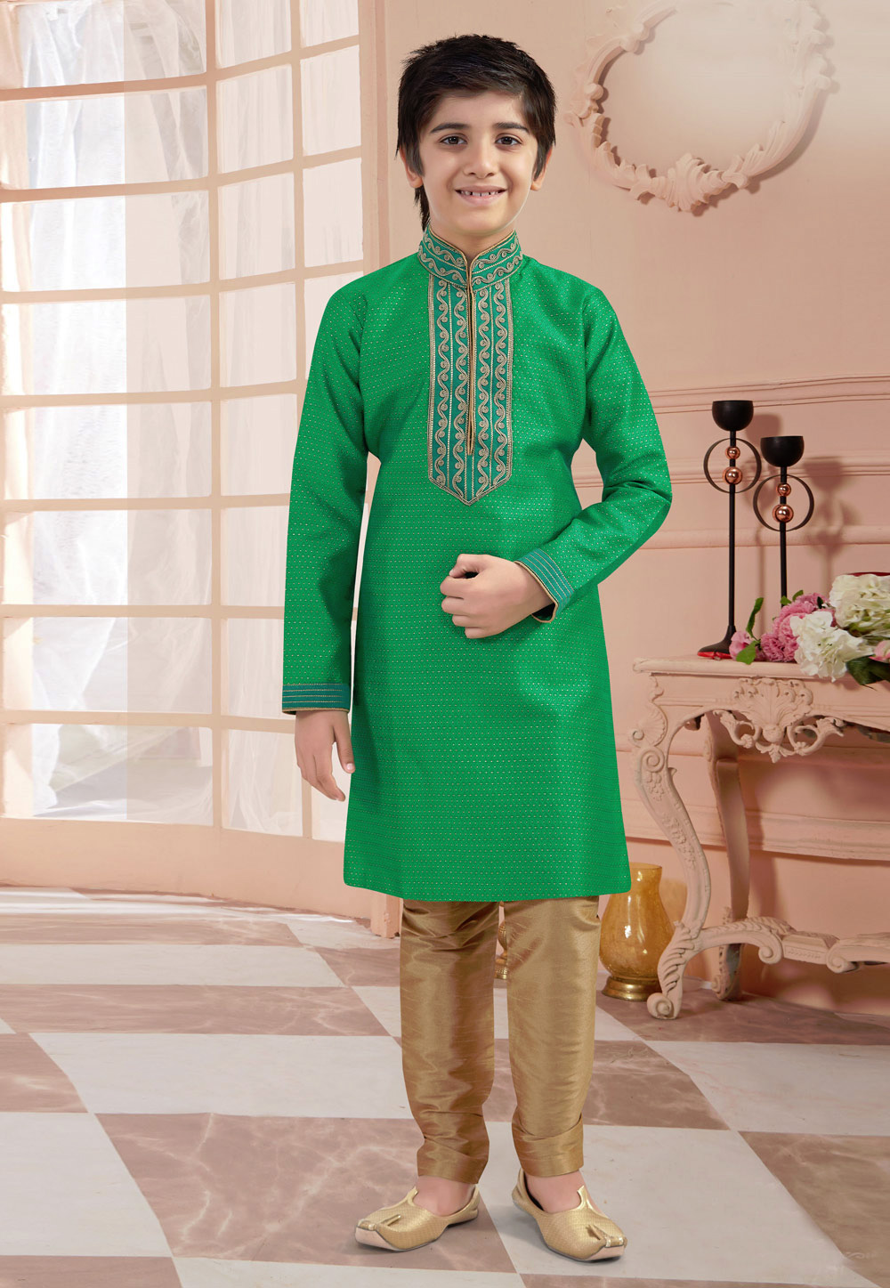 Green Jacquard Readymade Kids Kurta Pajama 200835