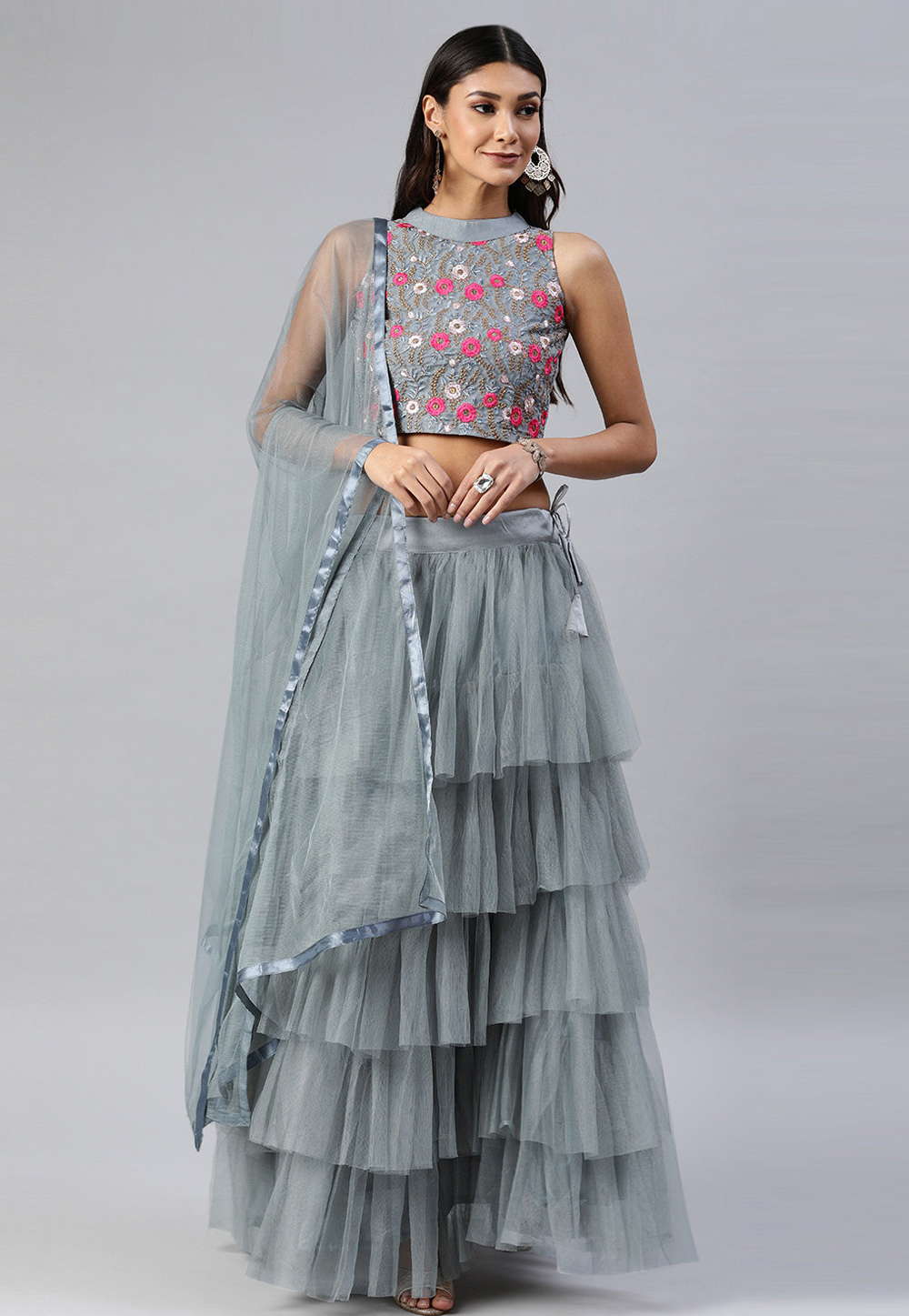 Grey Net Layered Lehenga Choli 270106