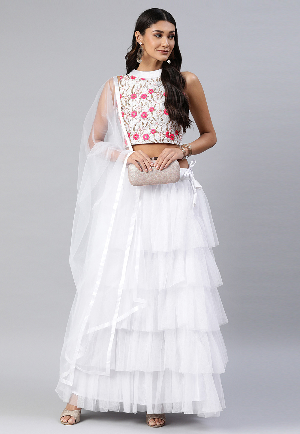 White Net Layered Lehenga Choli 270108