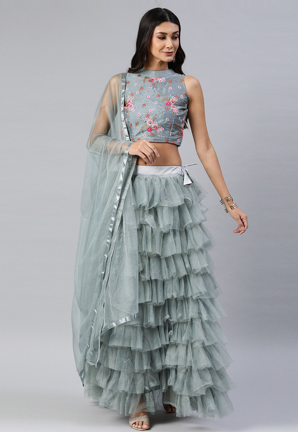 Grey Net Layered Lehenga Choli 270099