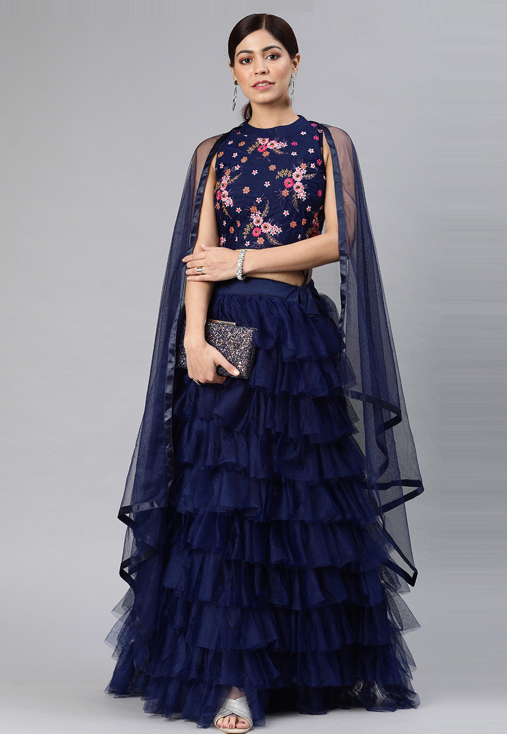 Navy Blue Net A Line Lehenga Choli 270100