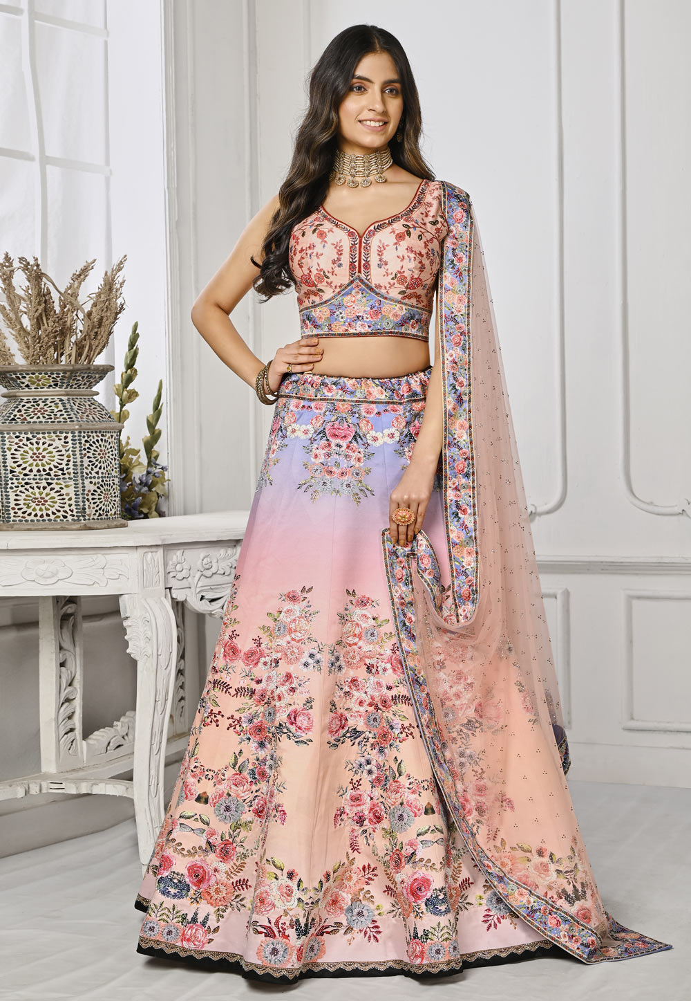 Peach Satin Silk Floral print Lehenga choli 274957