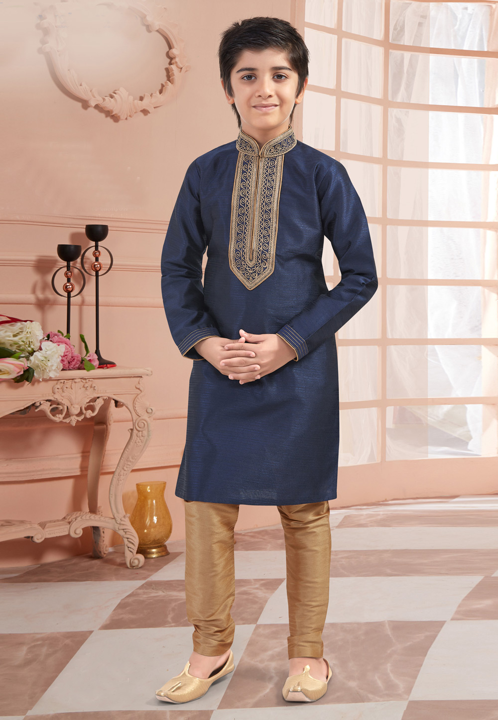 Navy Blue Banglori Silk Readymade Kids Kurta Pajama 200836