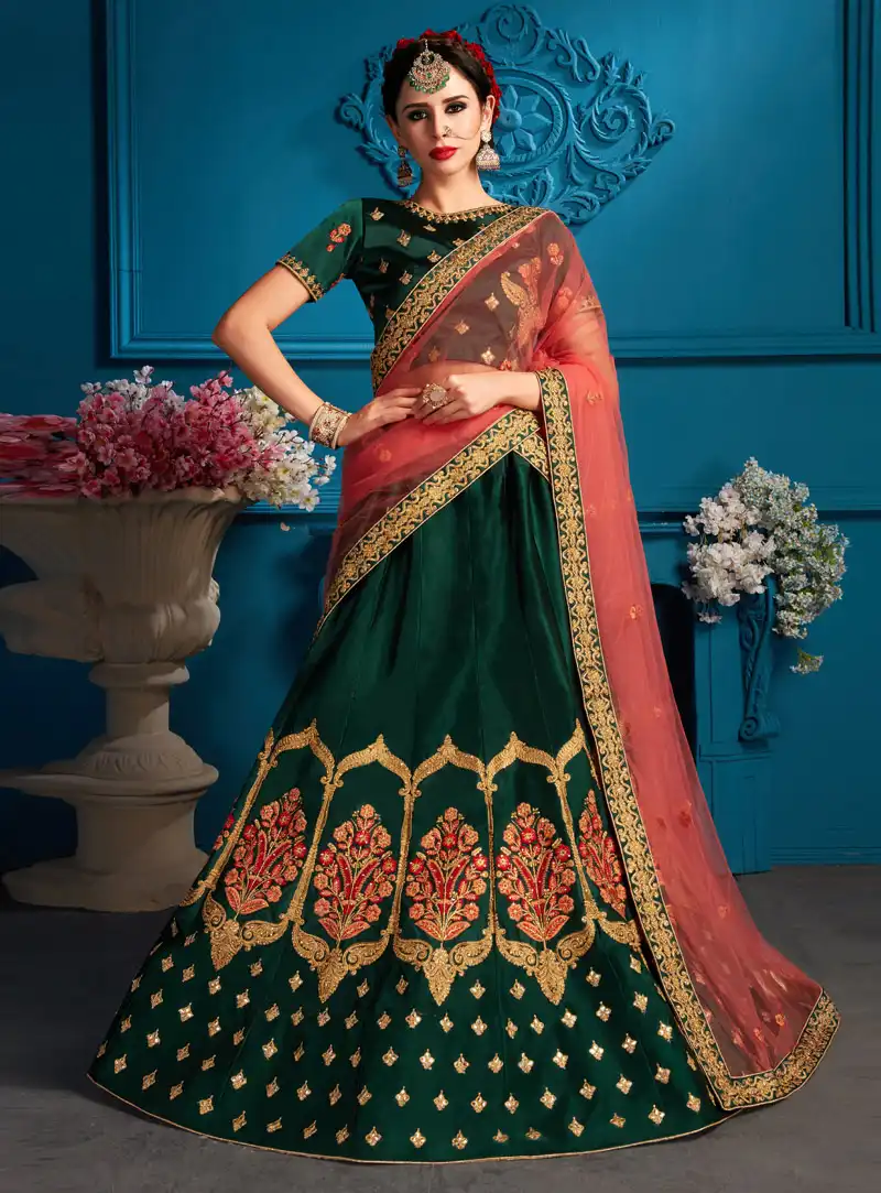 Green Satin Lehenga Choli 148929