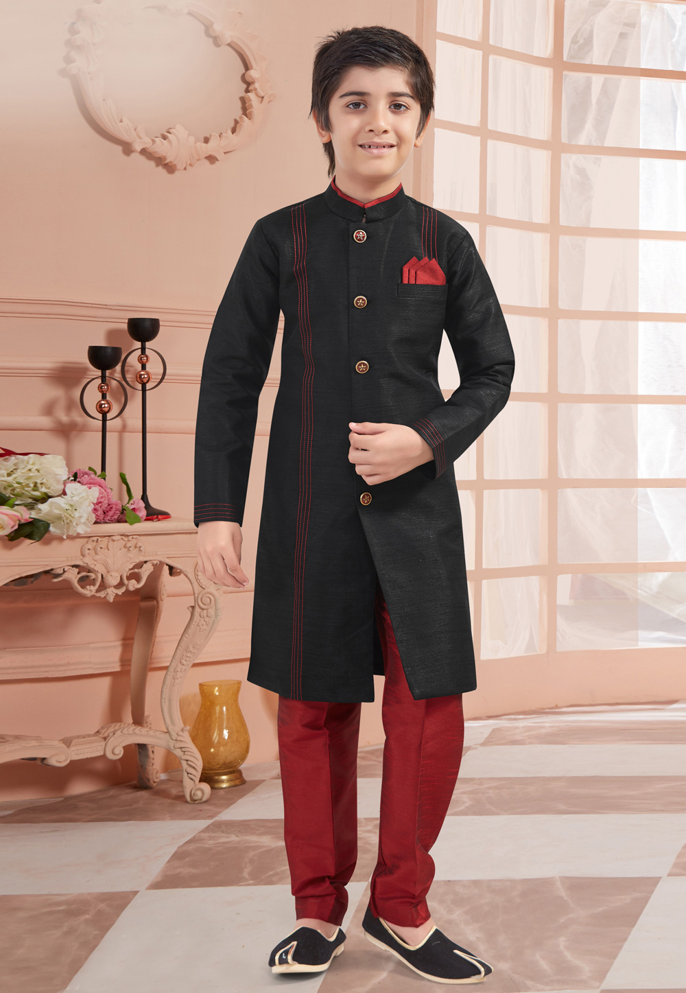 Black Banglori Silk Readymade Kids Indo Western Suit 200838