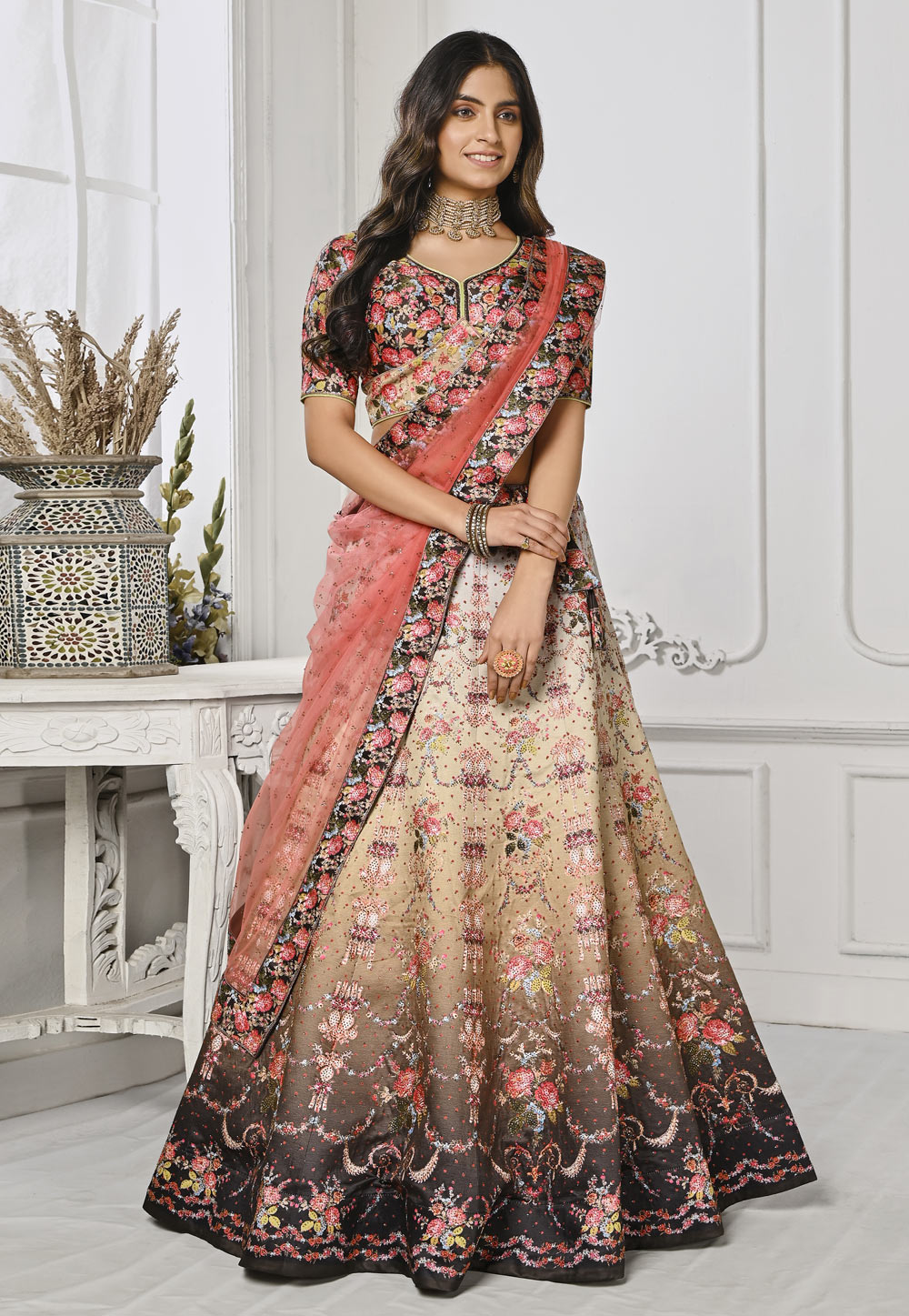 Black Satin Silk Floral print Lehenga choli 274960