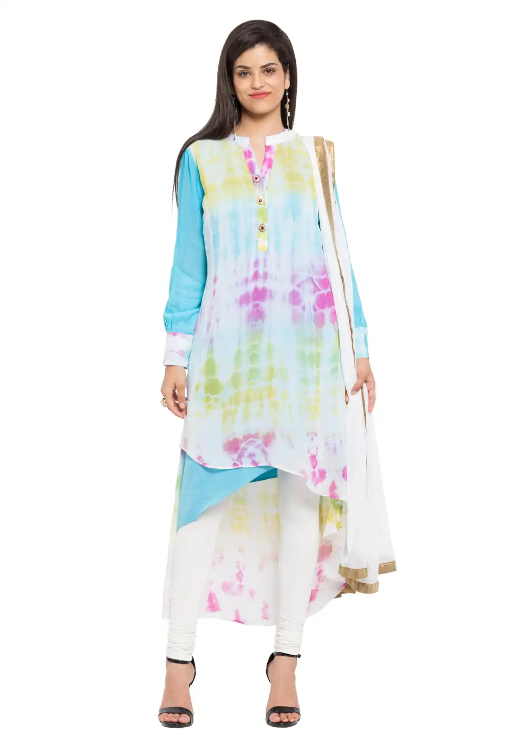 Sky Blue Faux Georgette Readymade Churidar Suit 230378