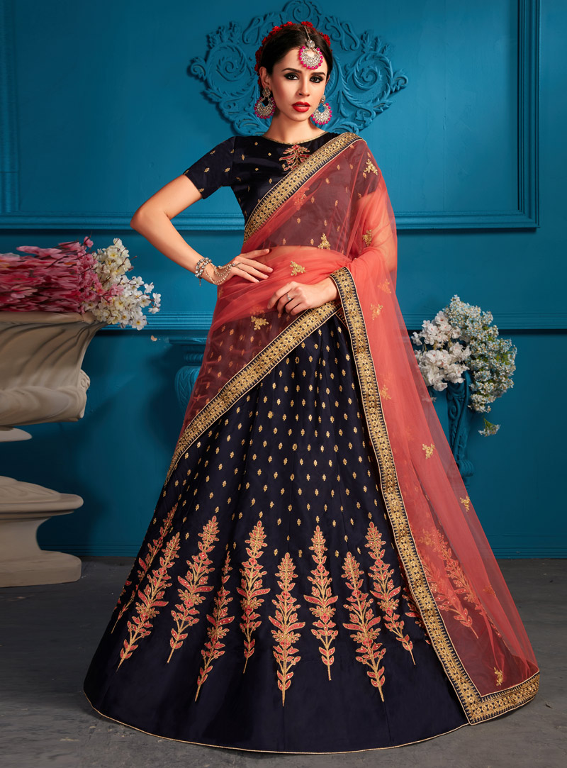 Navy Blue Satin Lehenga Choli 148931