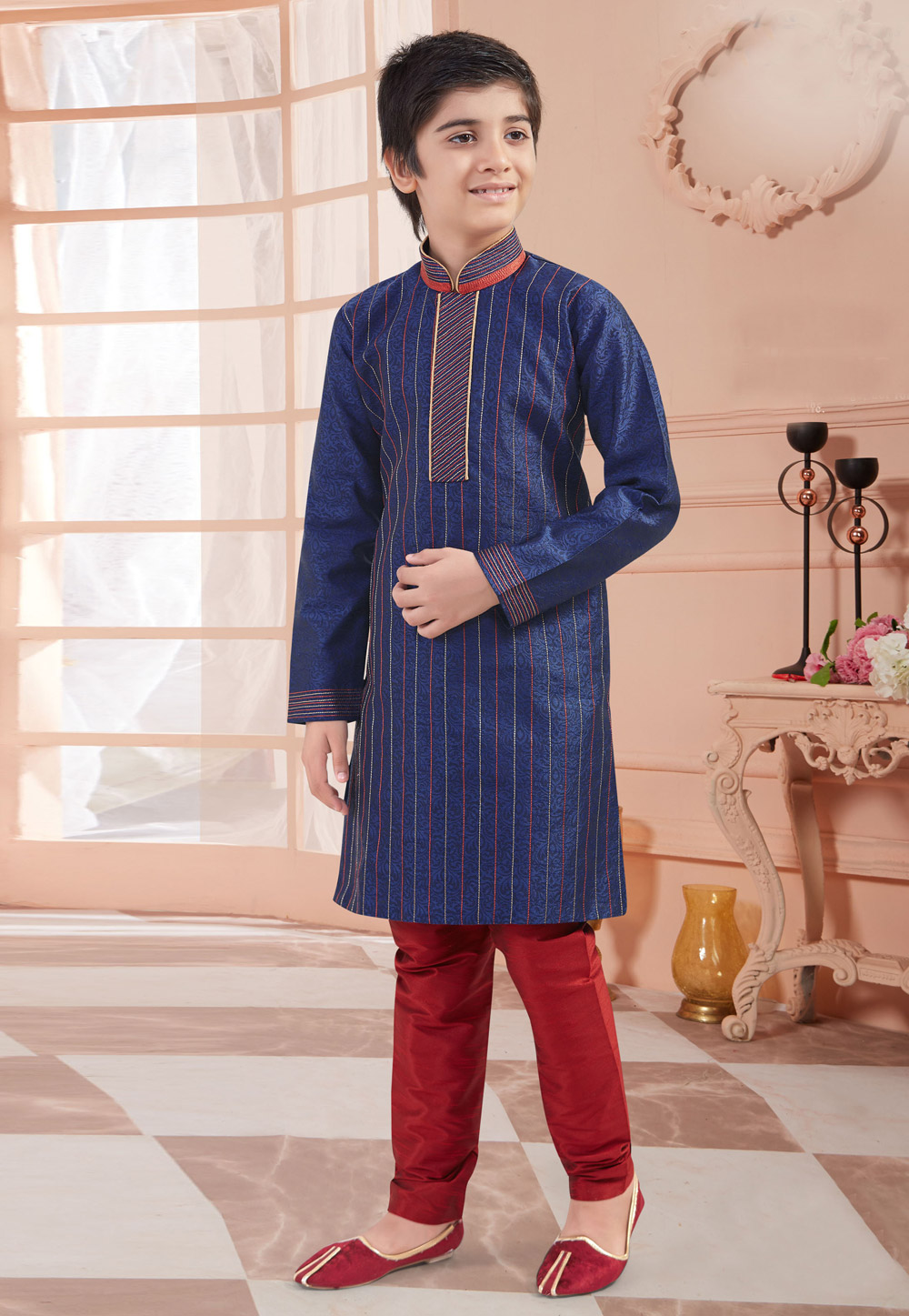 Blue Jacquard Readymade Kids Kurta Pajama 200839
