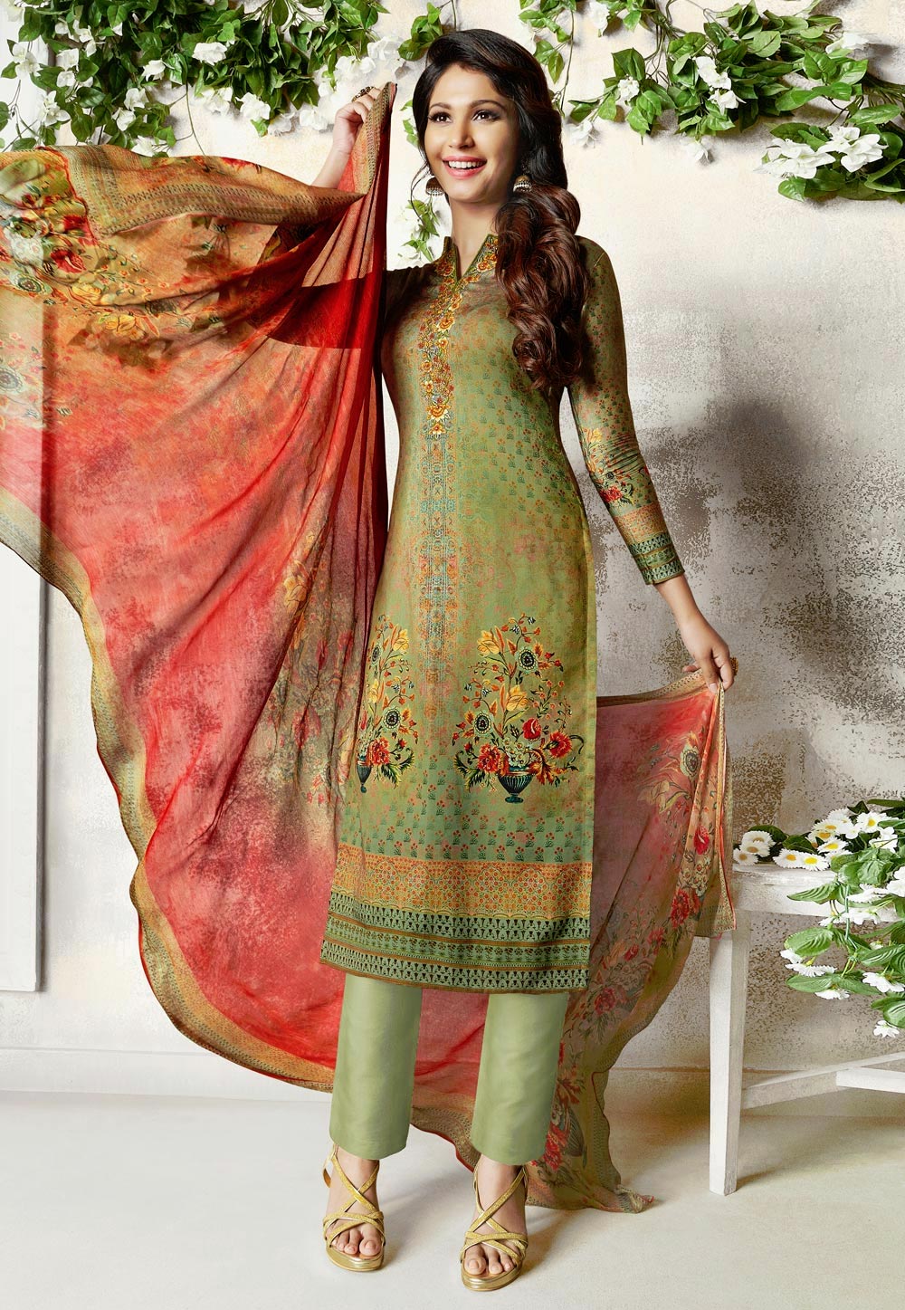 Green Cotton Satin Pant Style Suit 162444