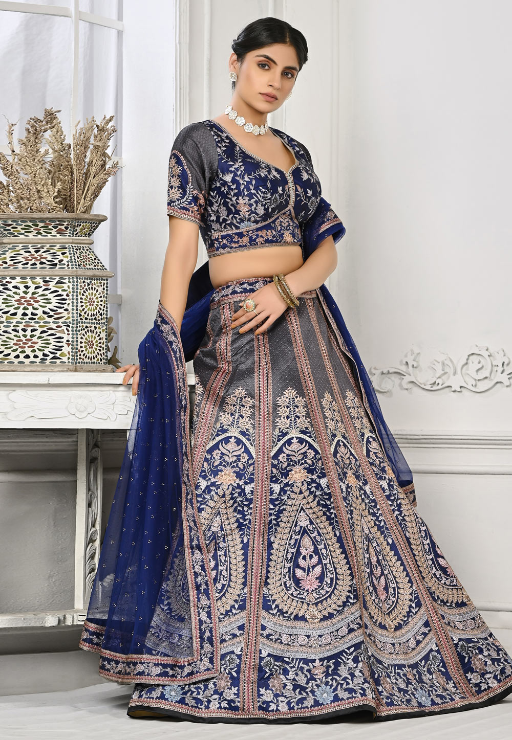 Navy Blue Satin Silk Lehenga Choli 274961