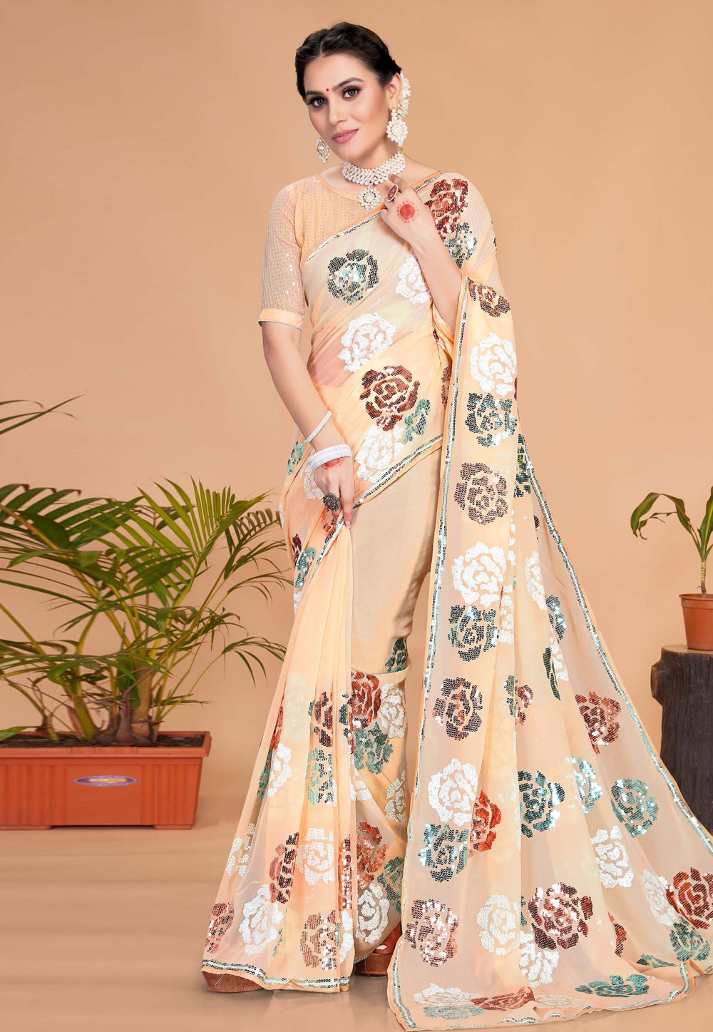 Cream Georgette Sequence Saree 256501