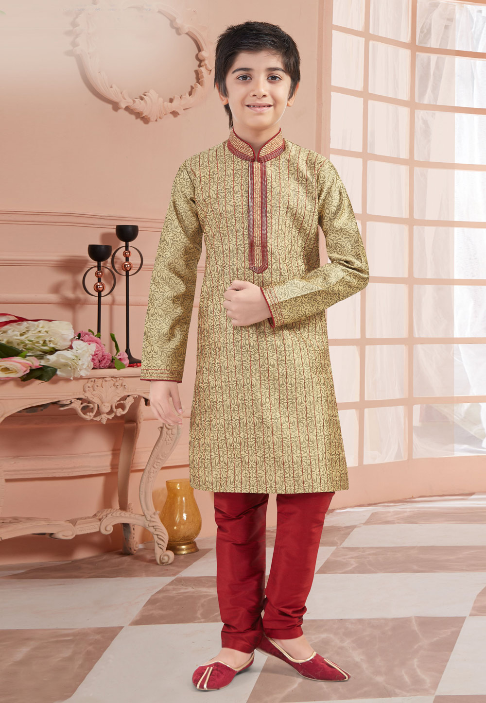 Beige Jacquard Readymade Kids Kurta Pajama 200840