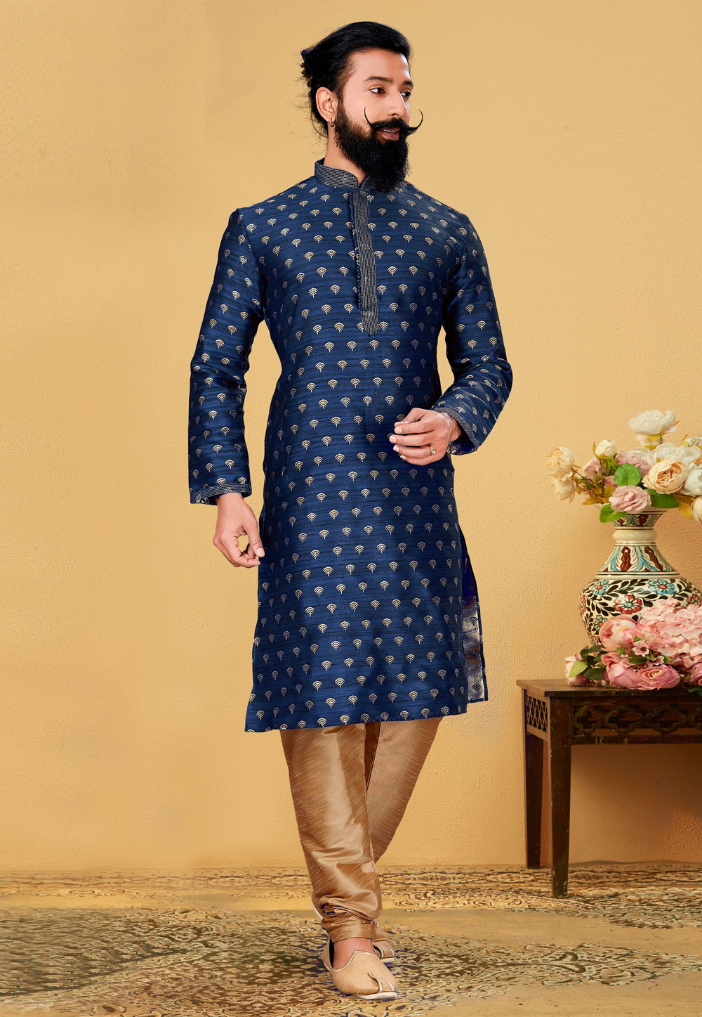 Navy Blue Jacquard Silk Kurta Pajama 240103