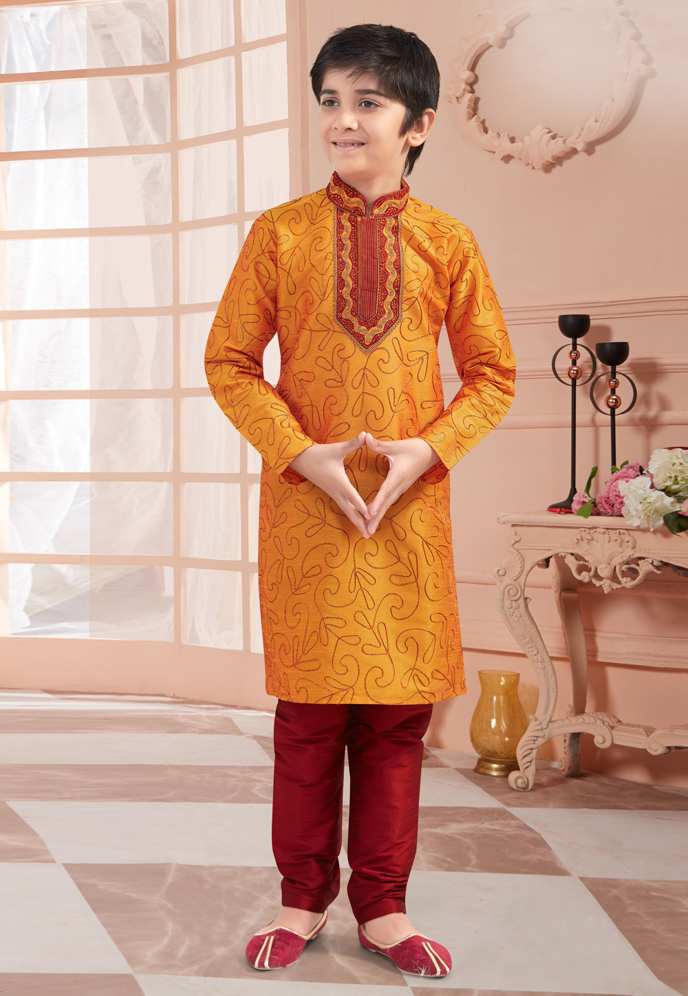 Orange Art Silk Readymade Kids Kurta Pajama 200841
